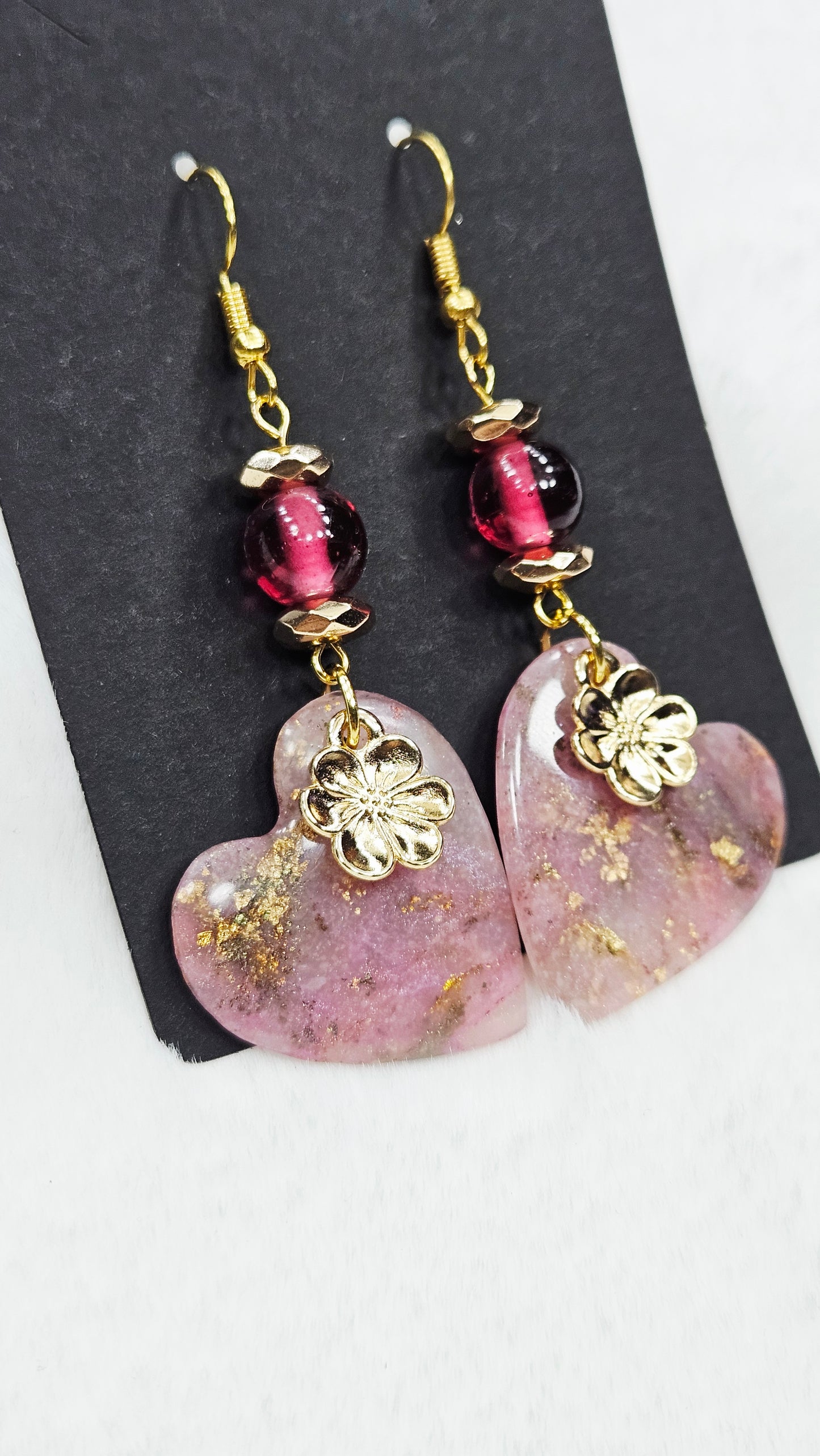 Pink Passion Marbled Clay Hearts with Gold Fleck, Golden Flower Charm and Dark Pink Glass Dangle Earrings - 2½"