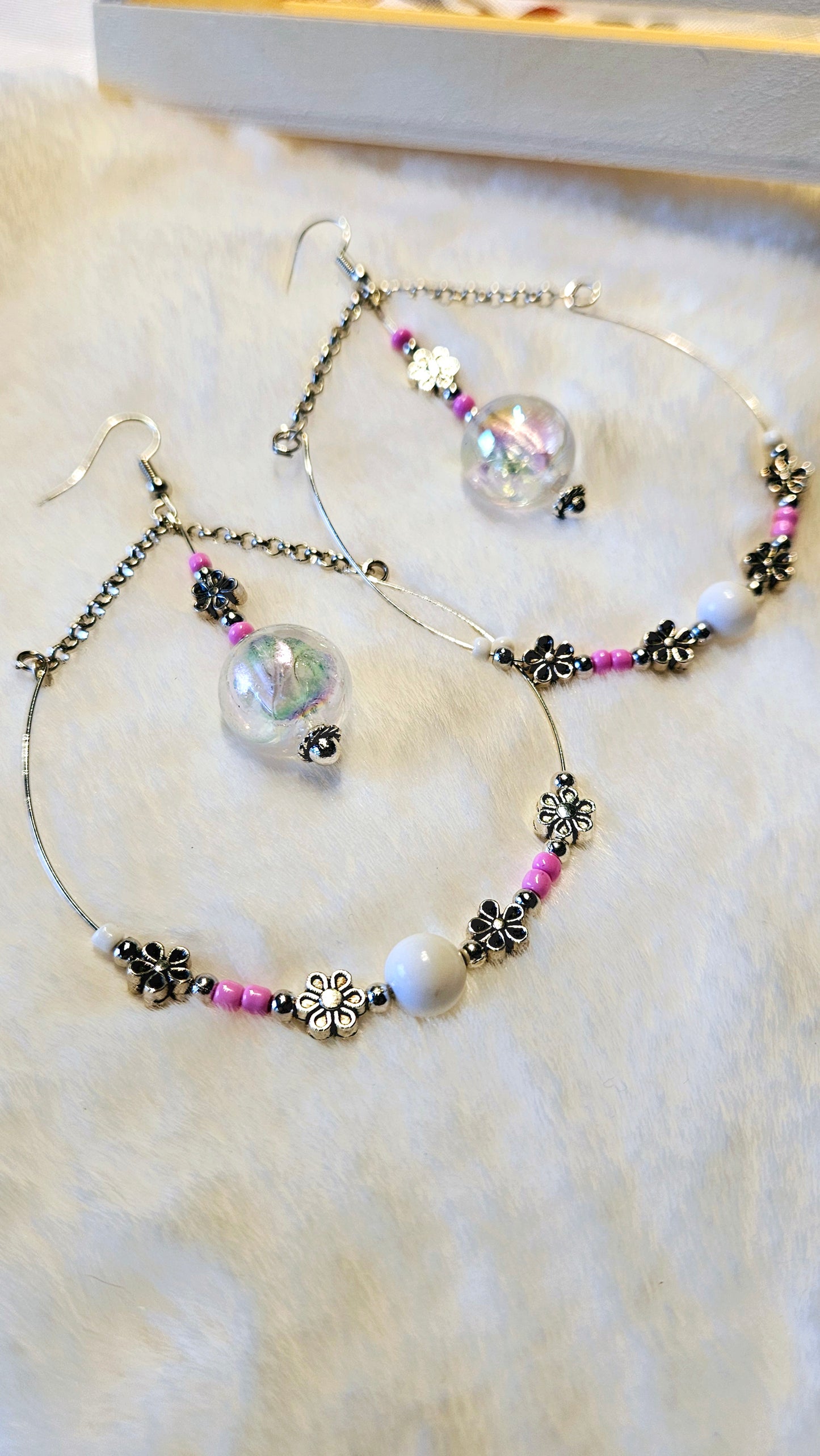 Large Iridescent Gumdrop Pink Beaded Teardrop Hoop Earrings