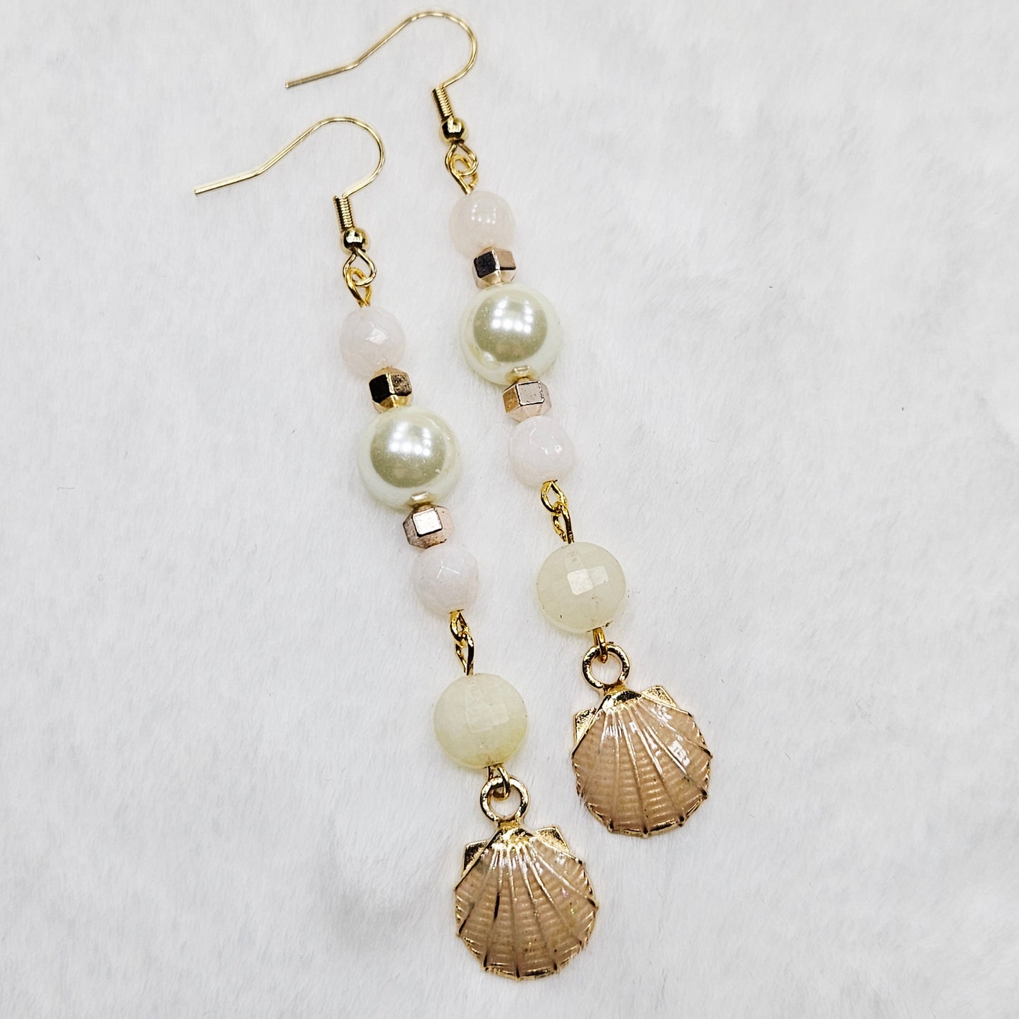 Long Beige Enamel Clamshell Earrings with Pearl and Quartz