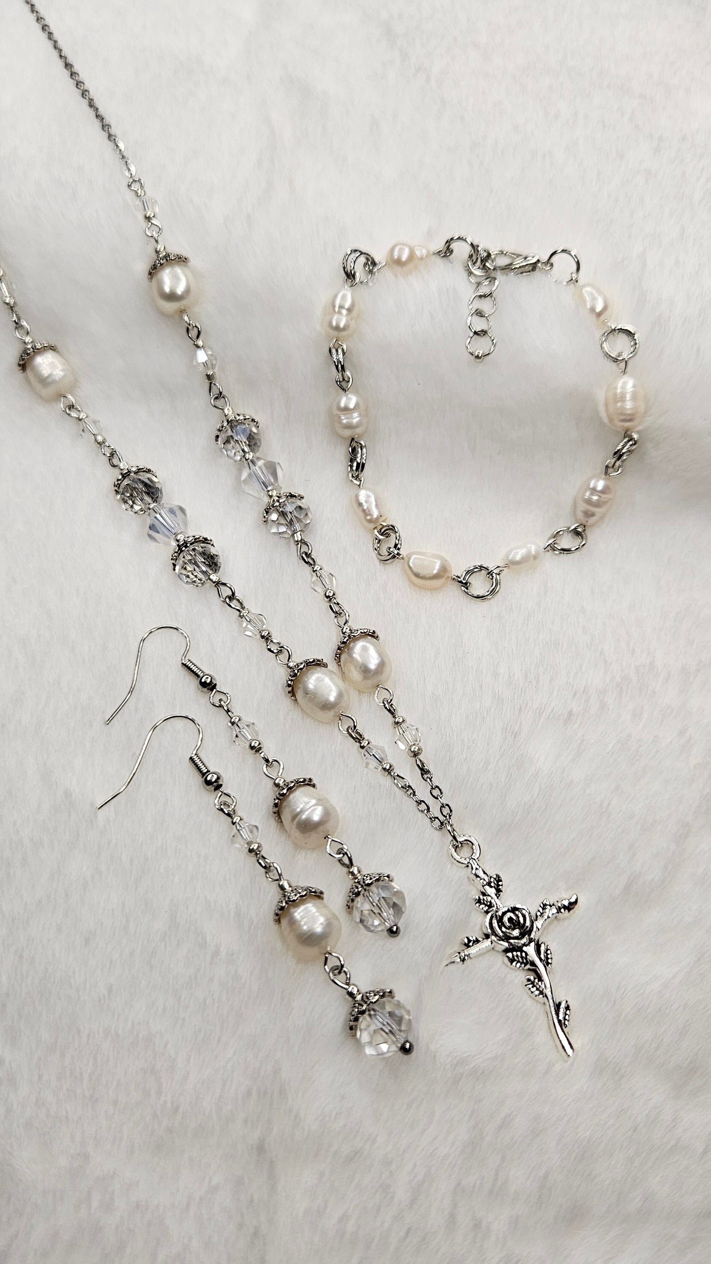 Silver Risen Rose Cross Set - Rose Cross Pendant Necklace with Crystal & Freshwater Pearls Earrings & Bracelet