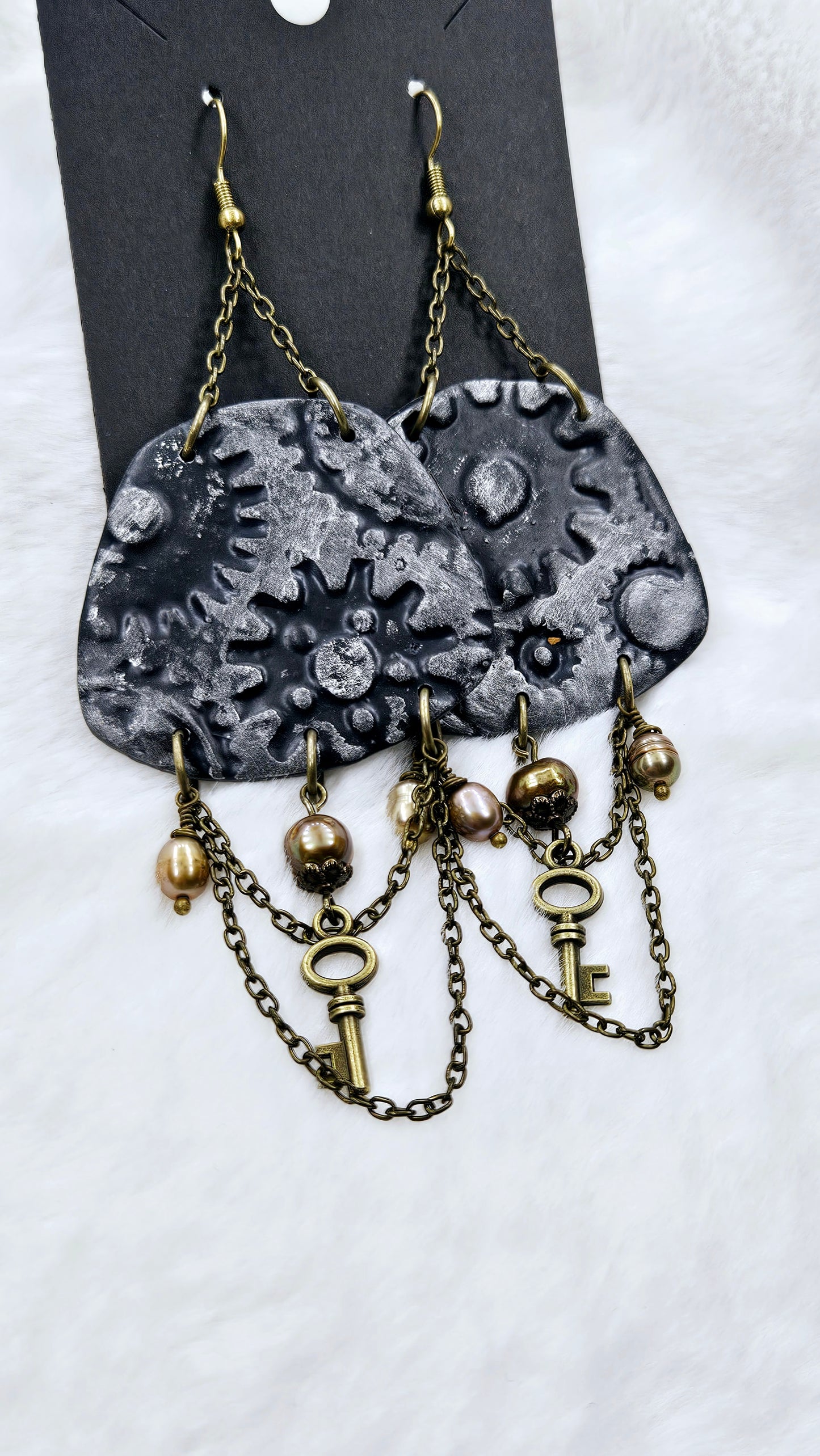 Pop, Lock & Cog It Brass Steampunk Clay Dangle Earrings with Keys & Freshwater Pearls