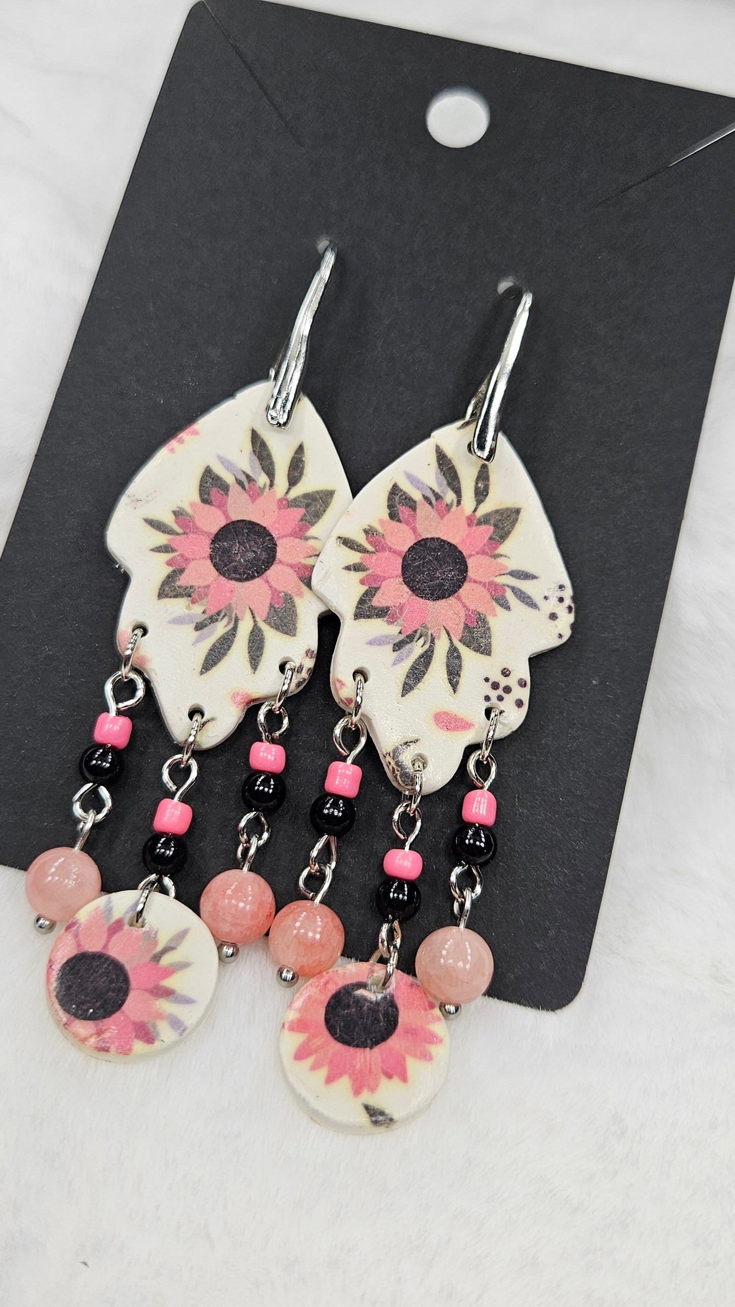Vintage Pink Floral Print Polymer Clay Chandelier Earrings with Pink & Black Dangles - 3"