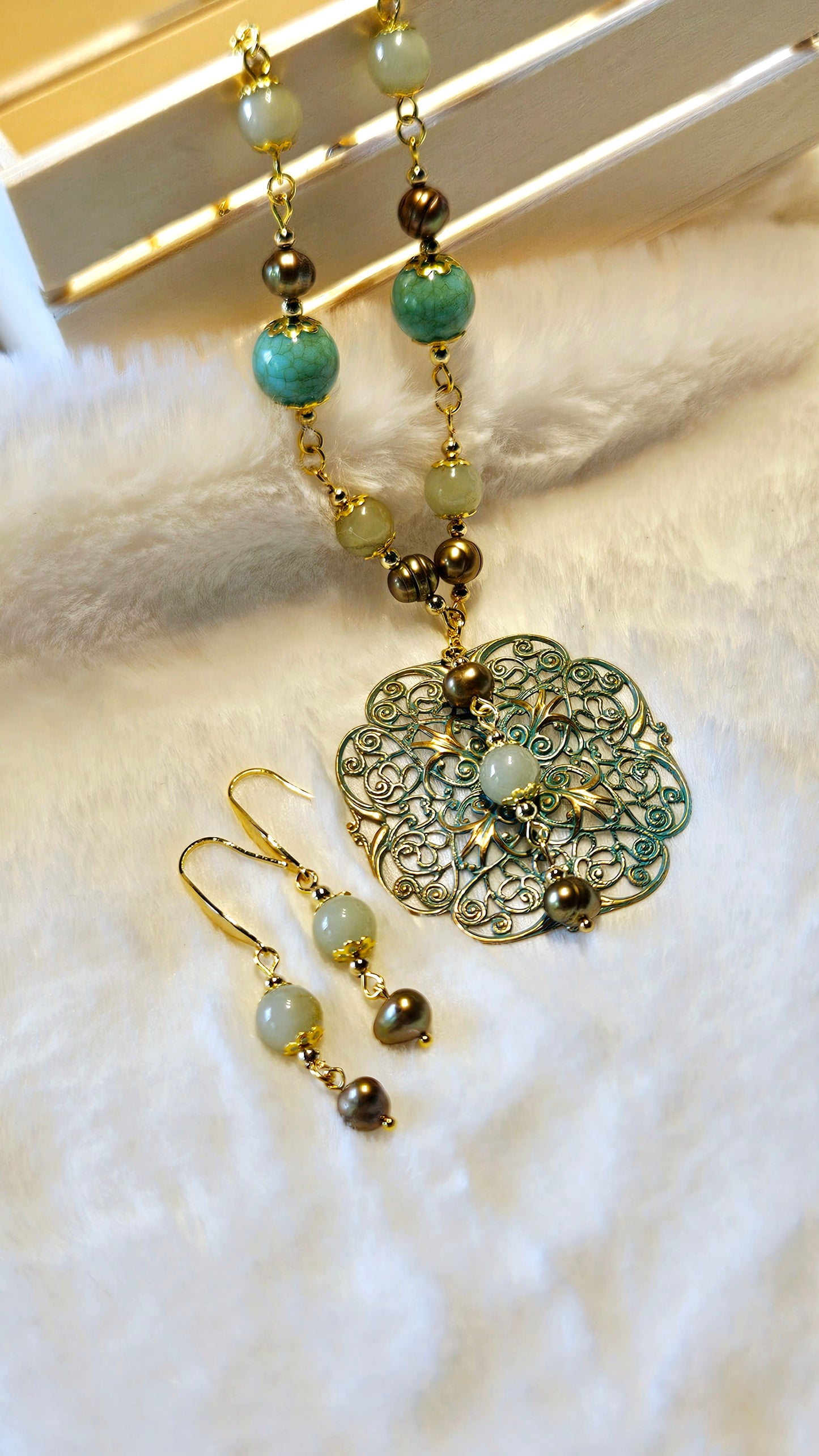Fanciful Freshwater Pearls Set - Large Ornate Pure Brass Pendant Necklace with Pearls & Matching Earrings