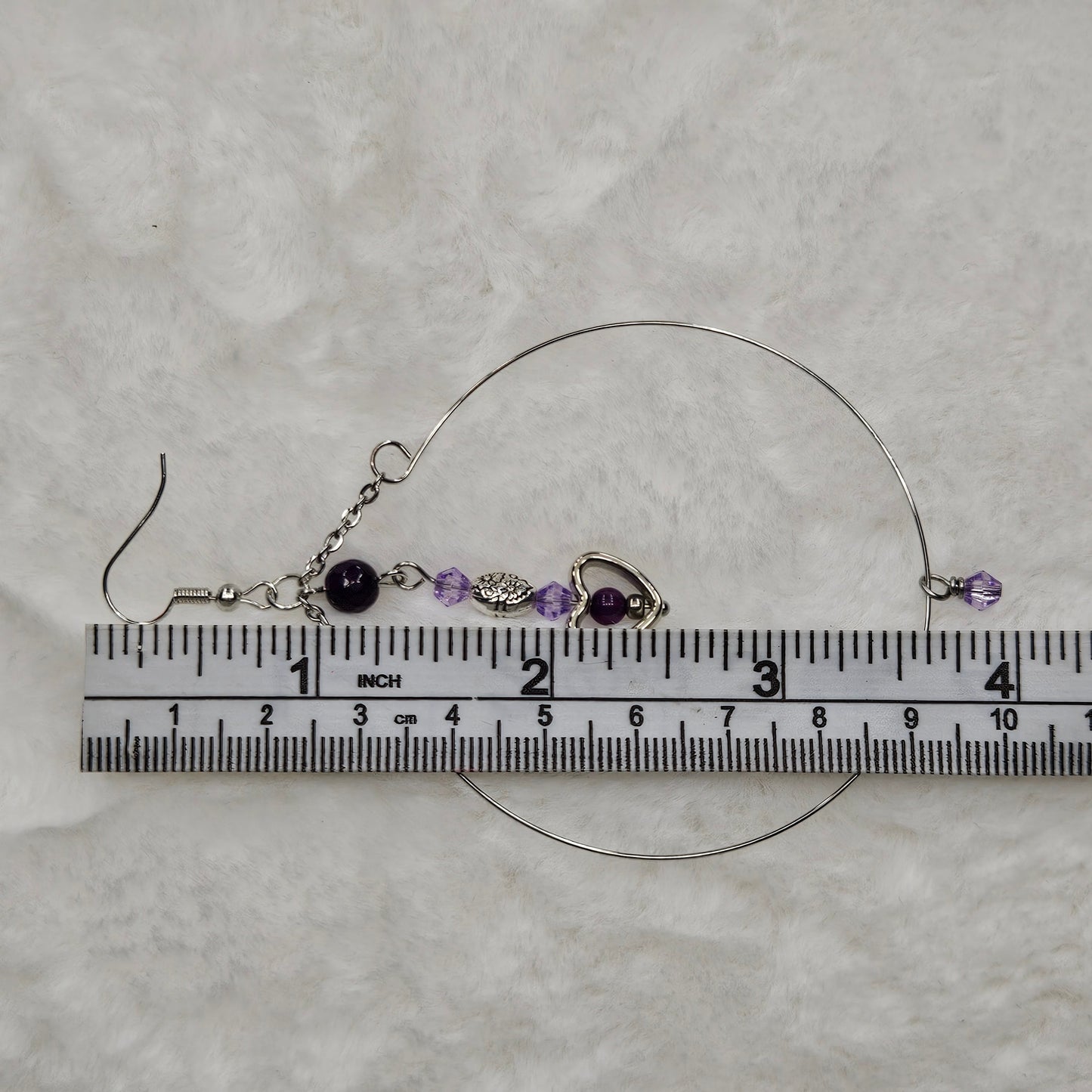 Large Silver Hoop Earrings with Tiny Purple Accents and Heart Dangles
