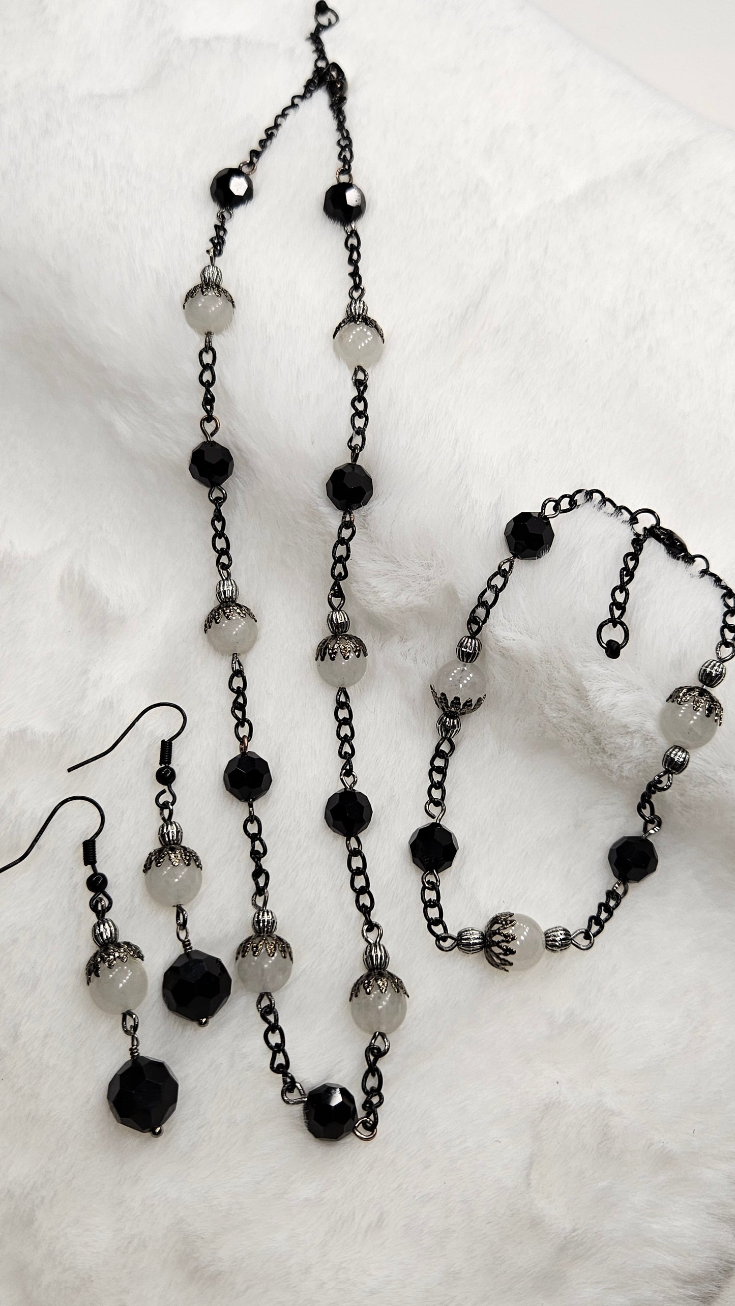 Modern Vintage Black Chain Necklace, Earrings and Bracelet with White Jade and Black Crystals