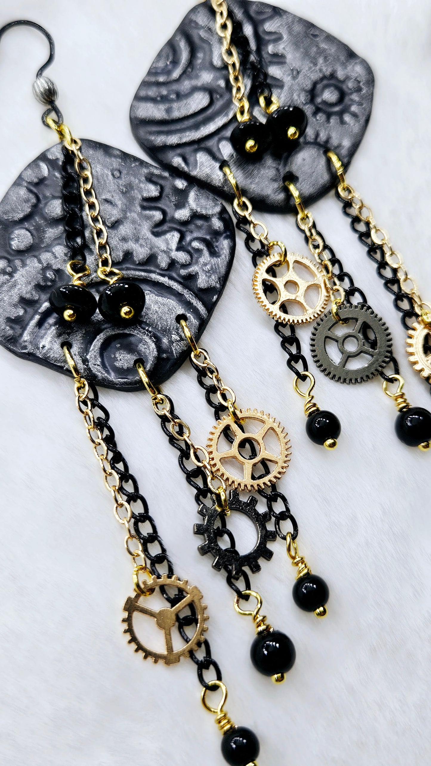 Pop, Lock & Cog It Gold Steampunk Clay Dangle Earrings with Black & Gold Chain & Cogs