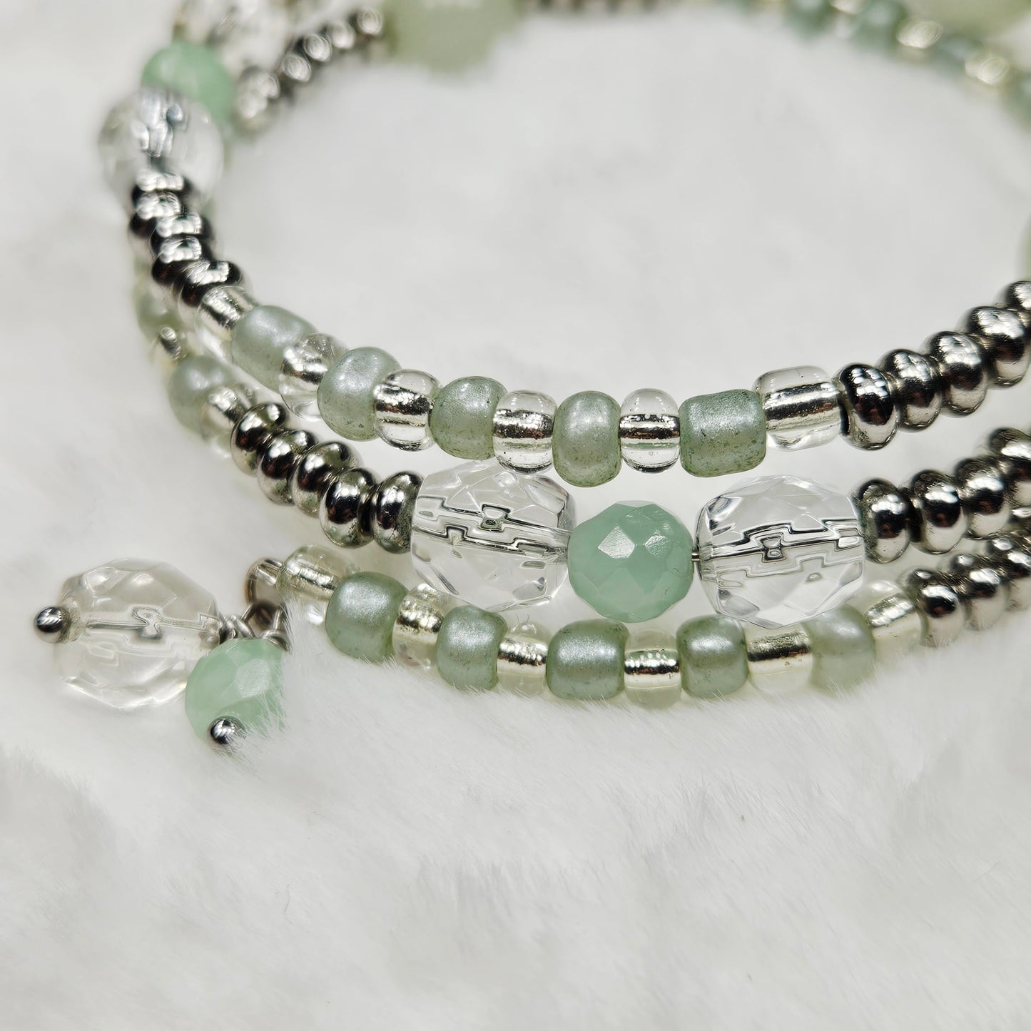 Silver and Pale Green Wrap Bracelet with Clear Crystal