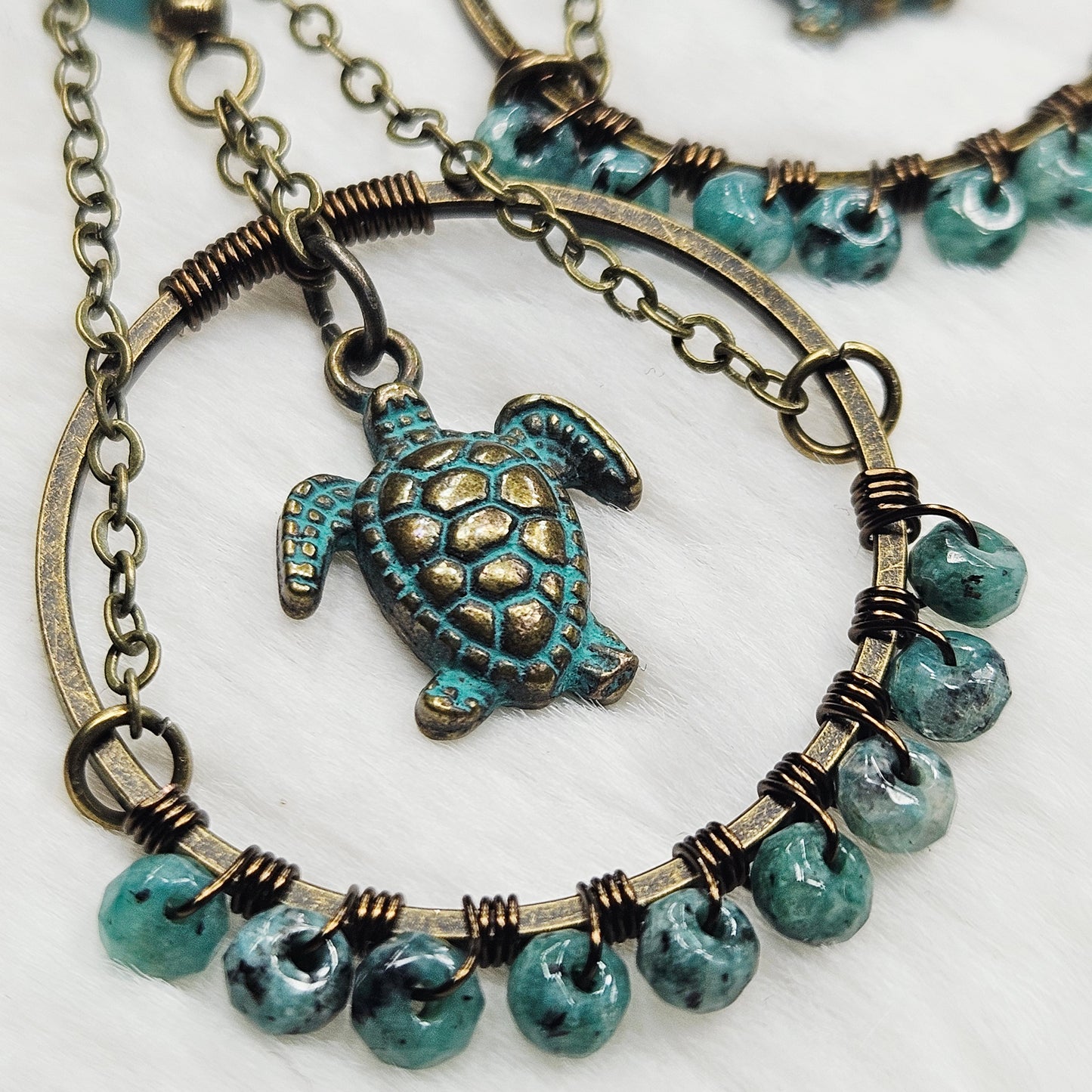 Aged Brass Sea Turtles and Blue Dalmation Jasper Earrings