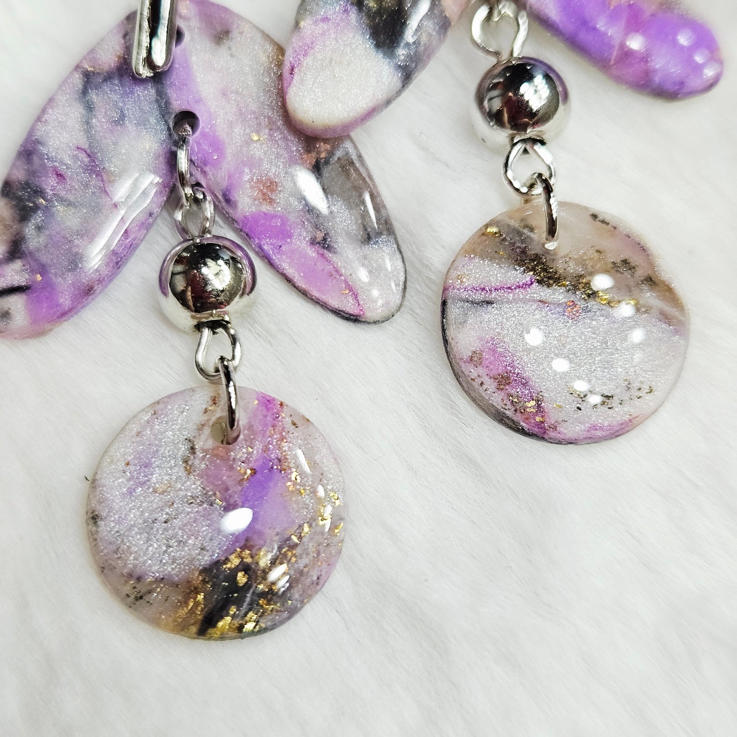 Purple Polymer Clay Marble Dangle Earrings in Silver