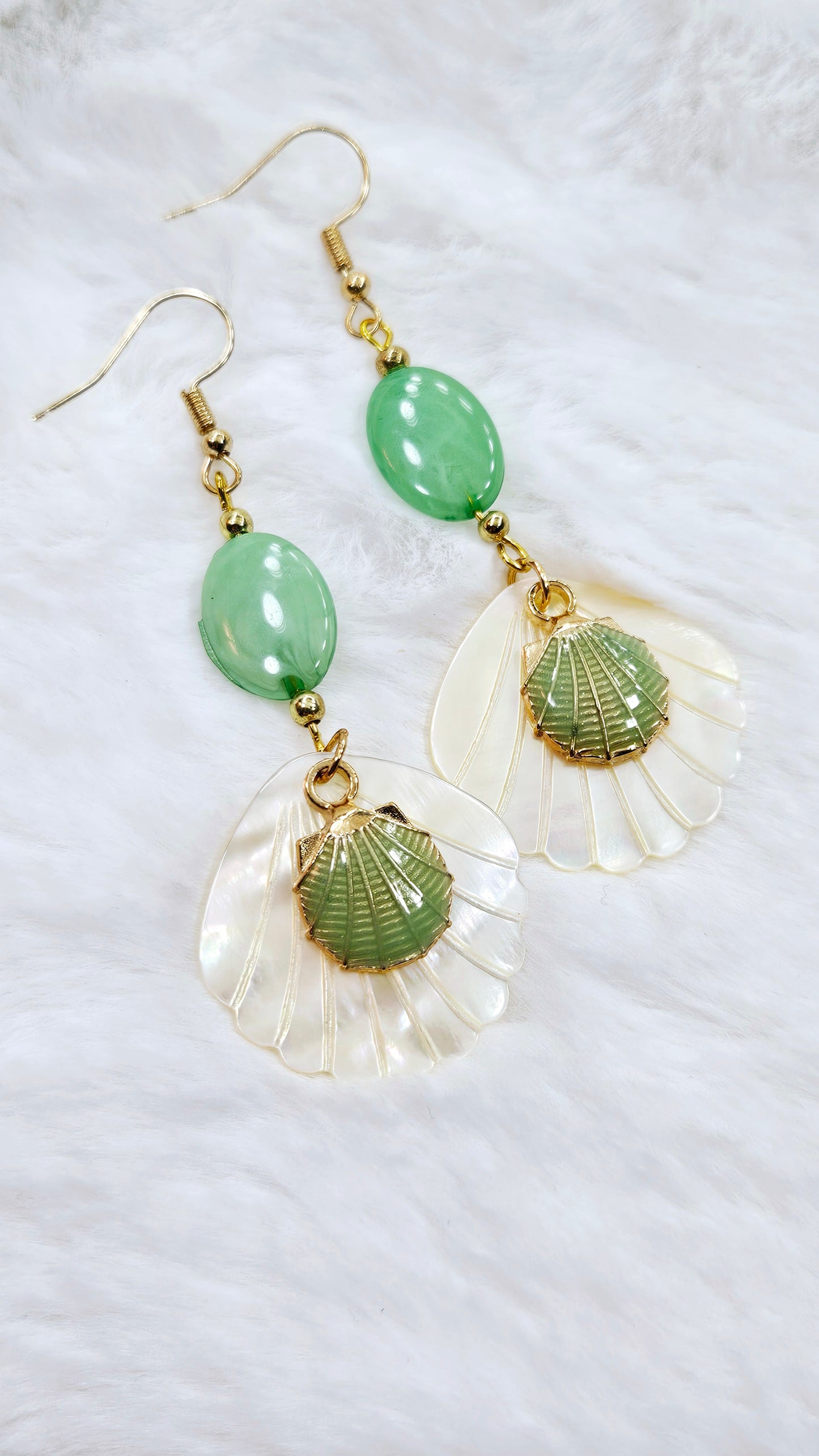 Calming Clams: Pearlescent Seashells with Jade Green Clam Shell Charms Dangle Earrings