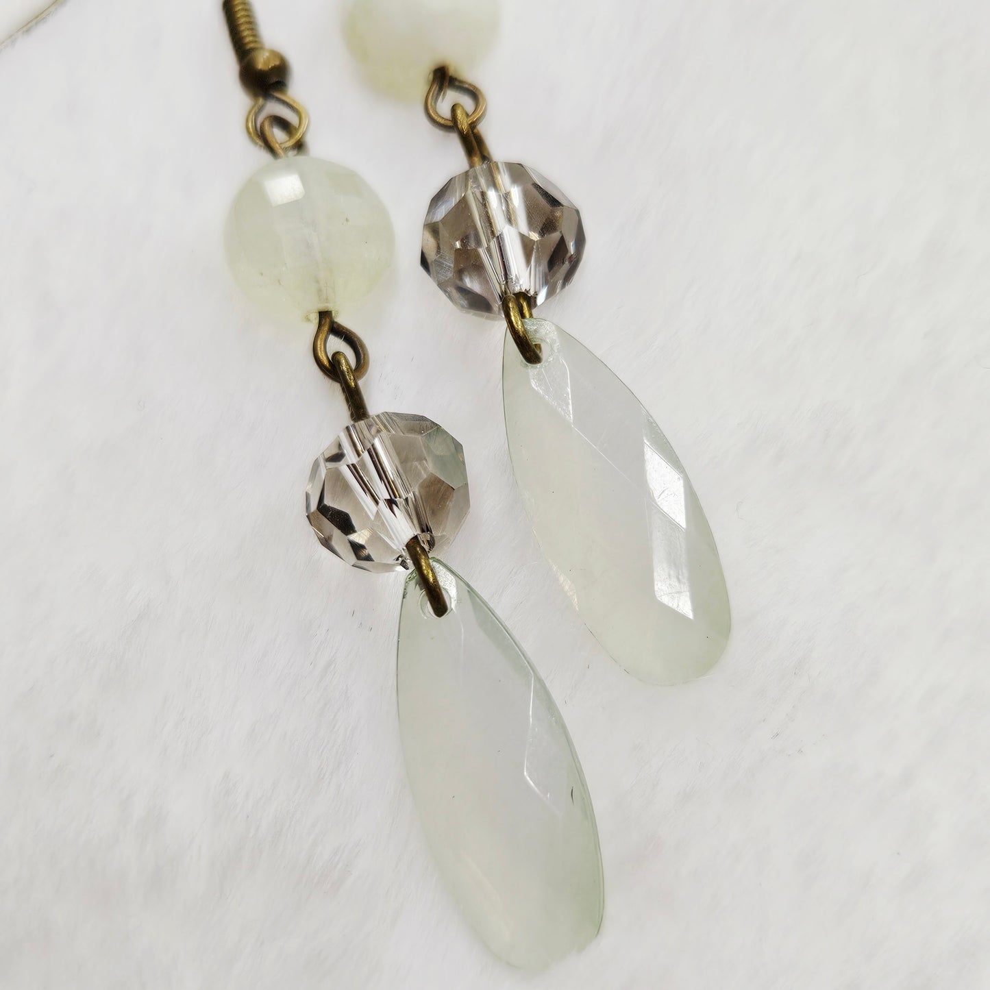 Antiqued Brass Ivory Natural Gem Cut Stone and Smokey Crystal Earrings with Gem Cut Teardrop Dangles