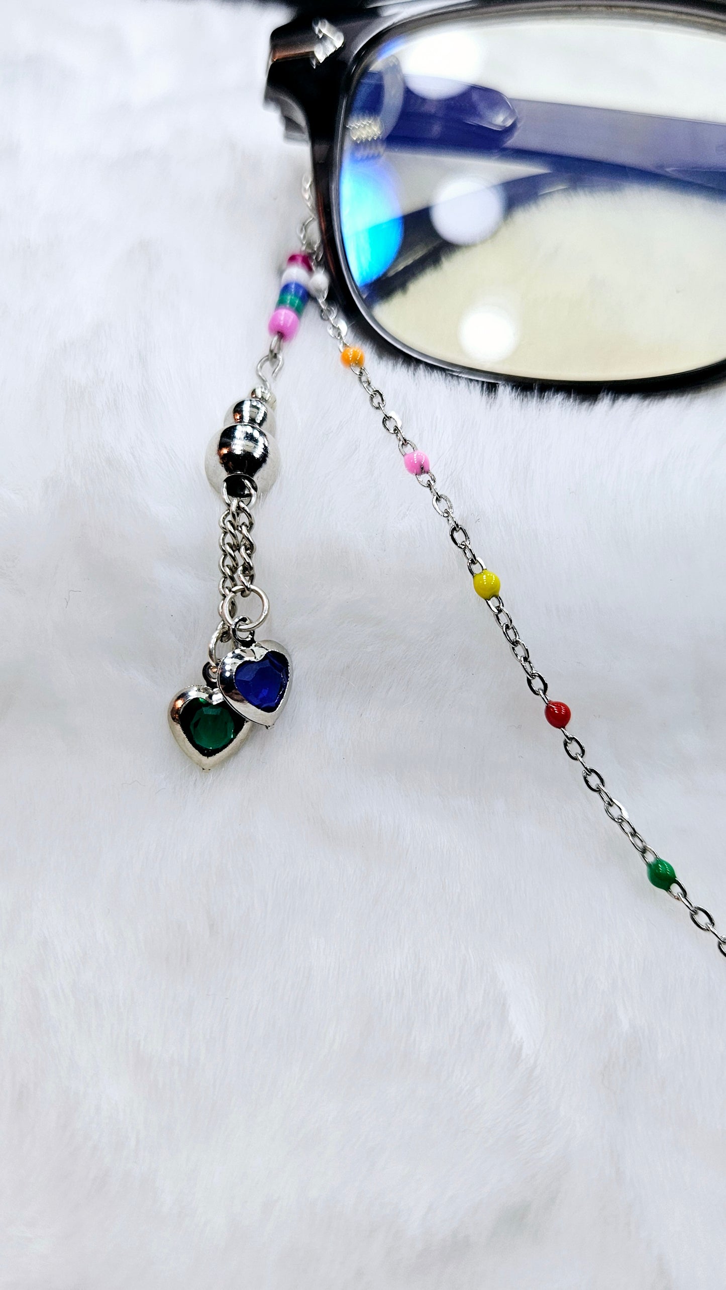 Blue & Green Hearts with Multicolor Silver Glasses Chain