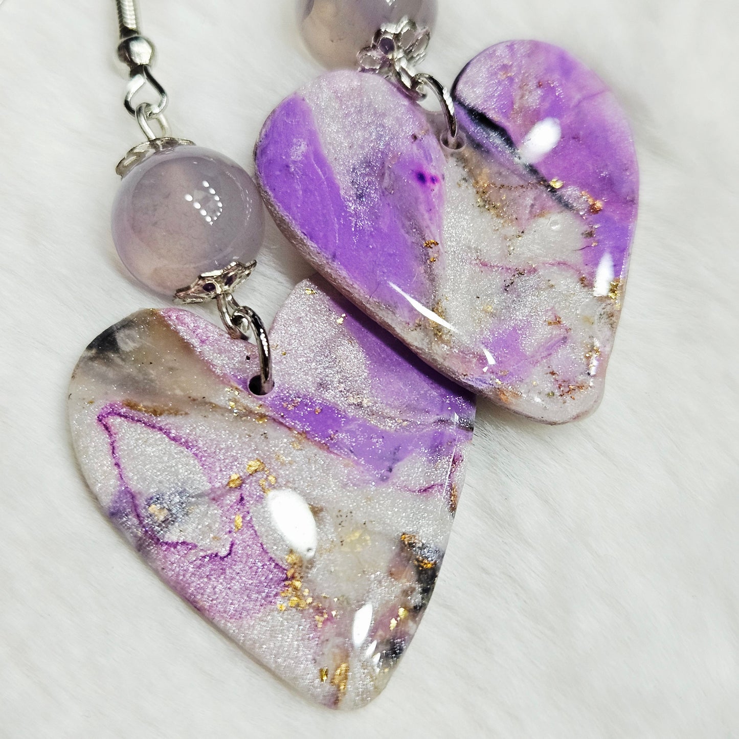 Purple Polymer Clay Marble Heart Dangle Earrings with Light Purple Sheres in Silver