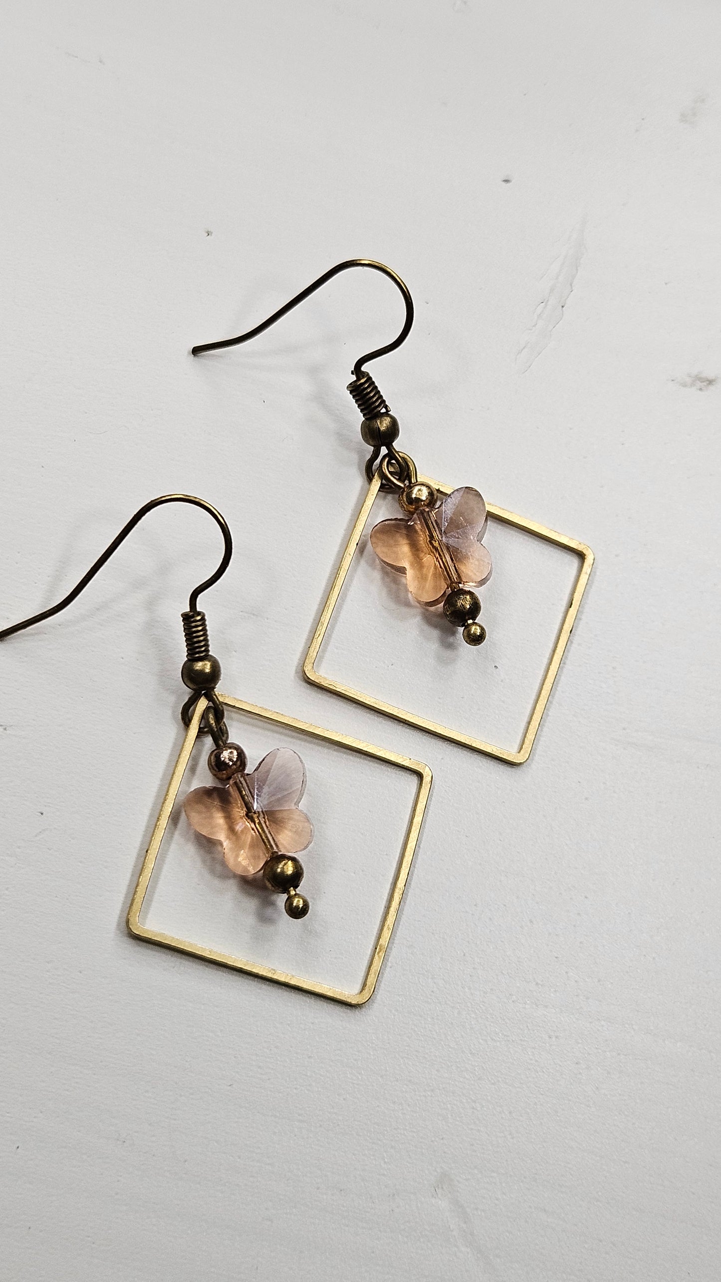 Peach Crystal Butterfly Earrings in Golden Diamond Hoop Dangles on Brass Earwire - 1¾"
