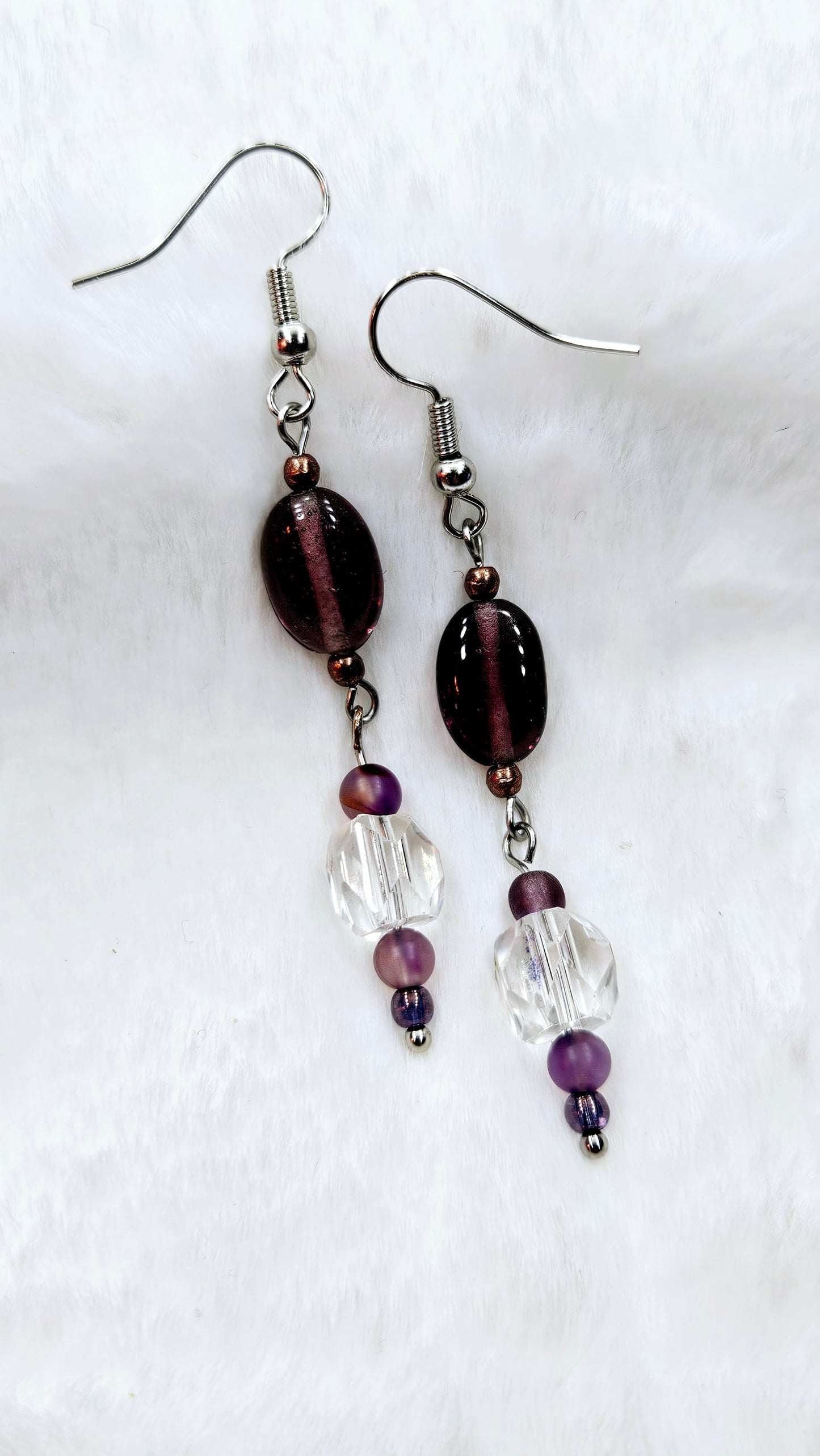 Deep Purple Oval Glass with Crystal on Silver Dangle Earrings