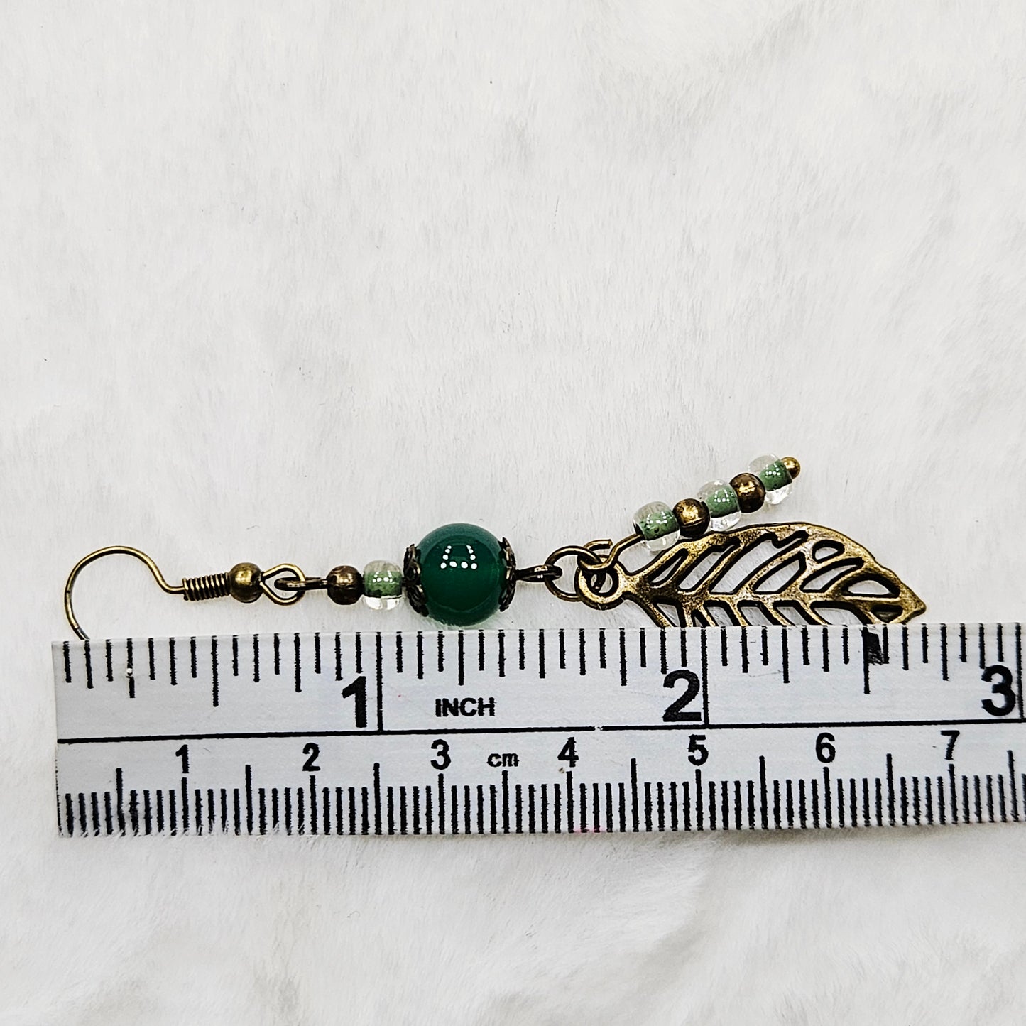 Rustic Antiqued Brass Leaf Earrings with Green Glass
