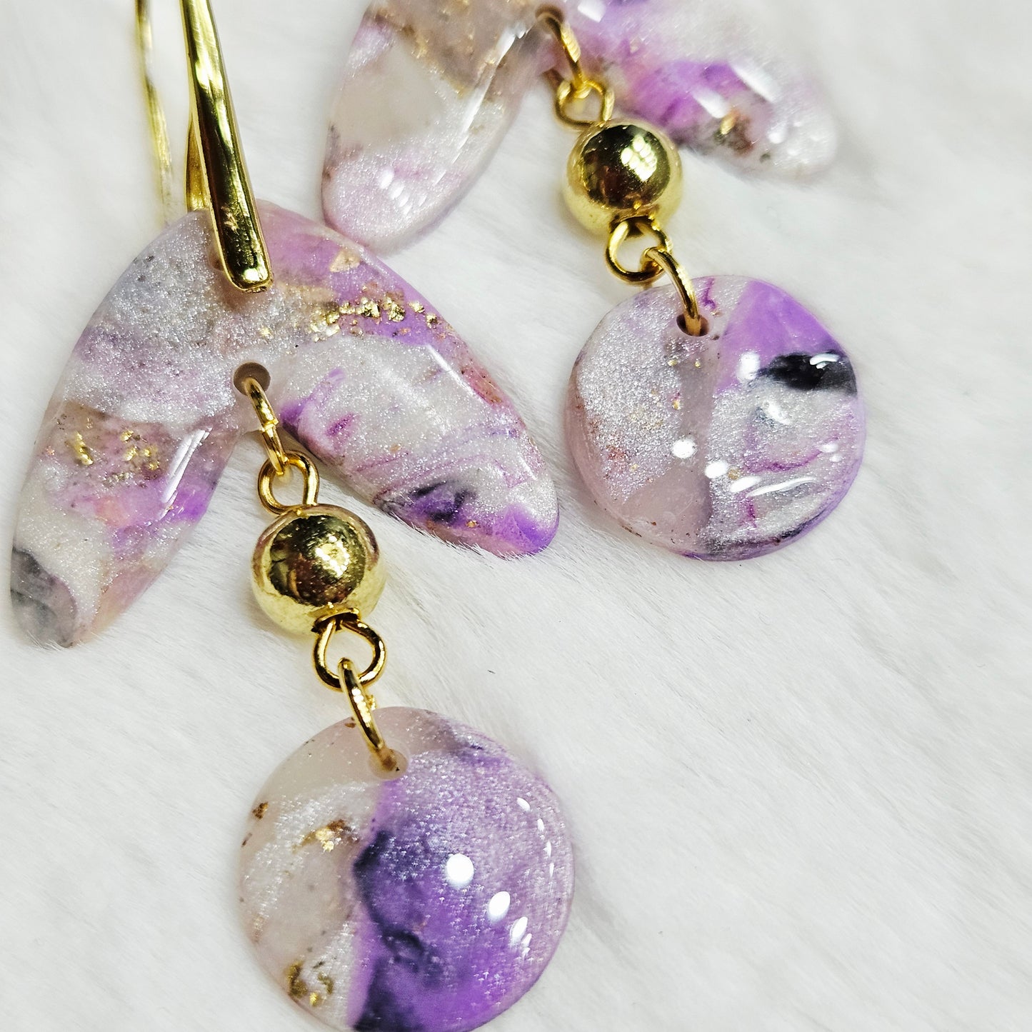 Purple Polymer Clay Marble Dangle Earrings in Gold