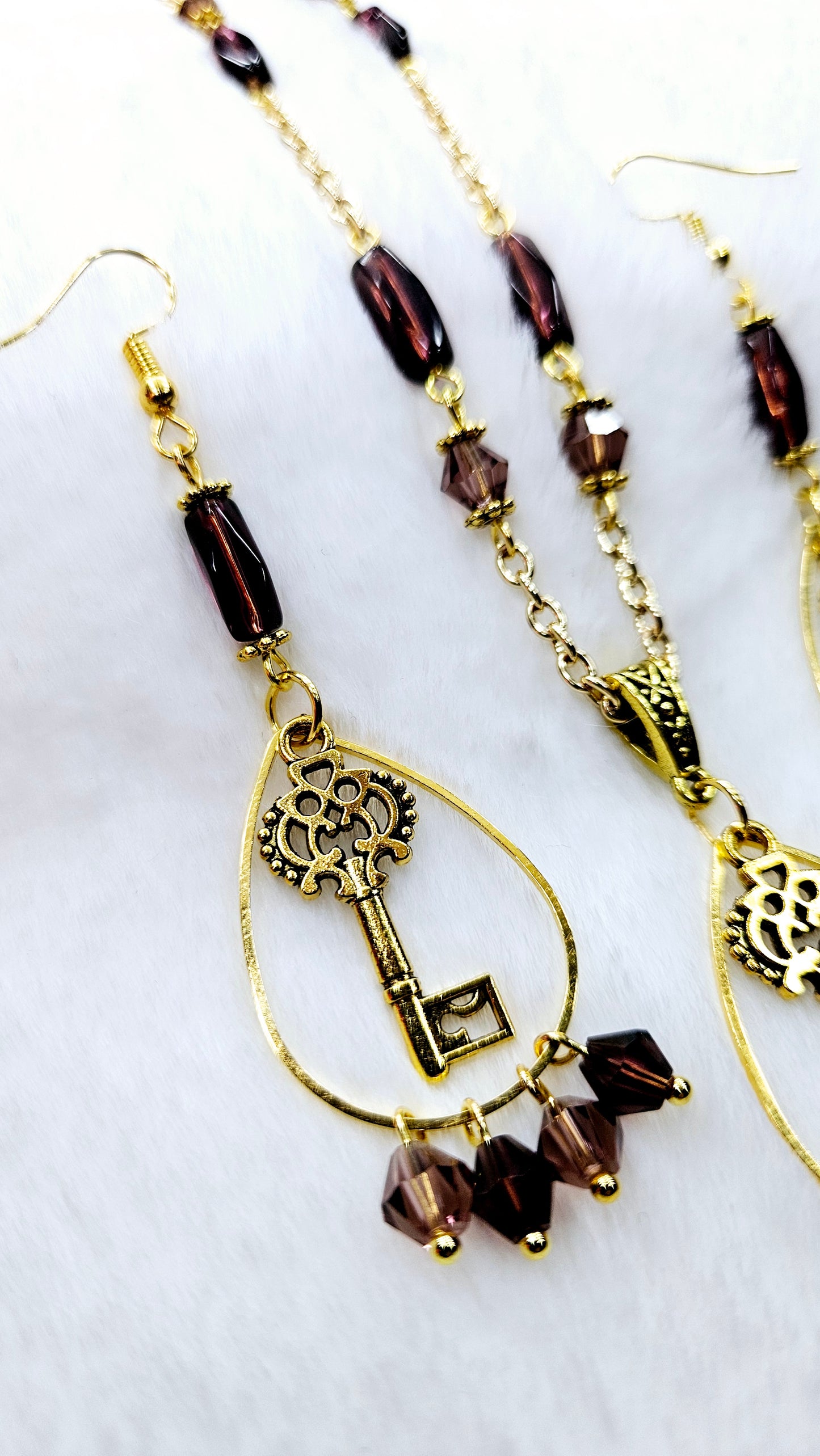 Stoic Skeleton Key Set: Golden Skeleton Keys Framed with a Beaded Teardrop & Deep Purple Glass Beads Matching Necklace & Earrings