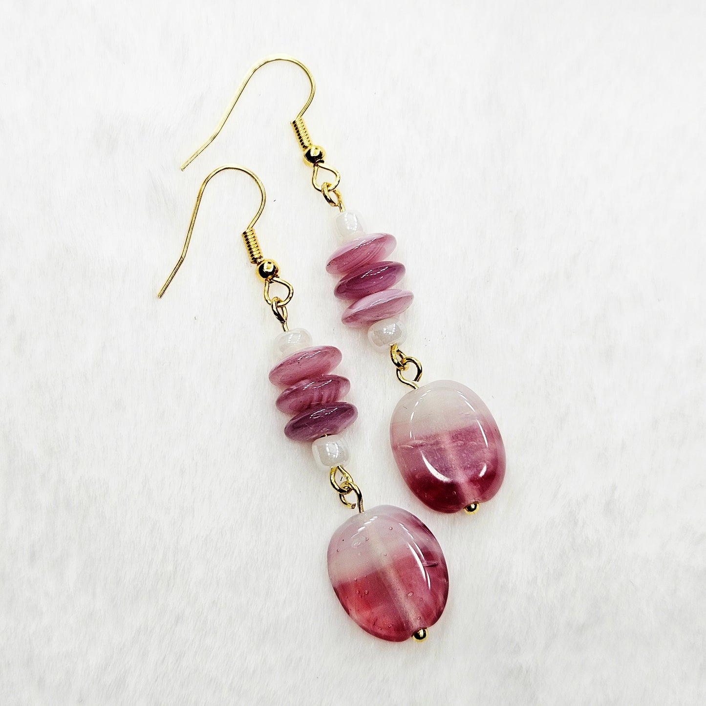 Dark Pink & White Swirl Rondelles with Flat Oval Glass Dangle Earrings in Gold - 2½"