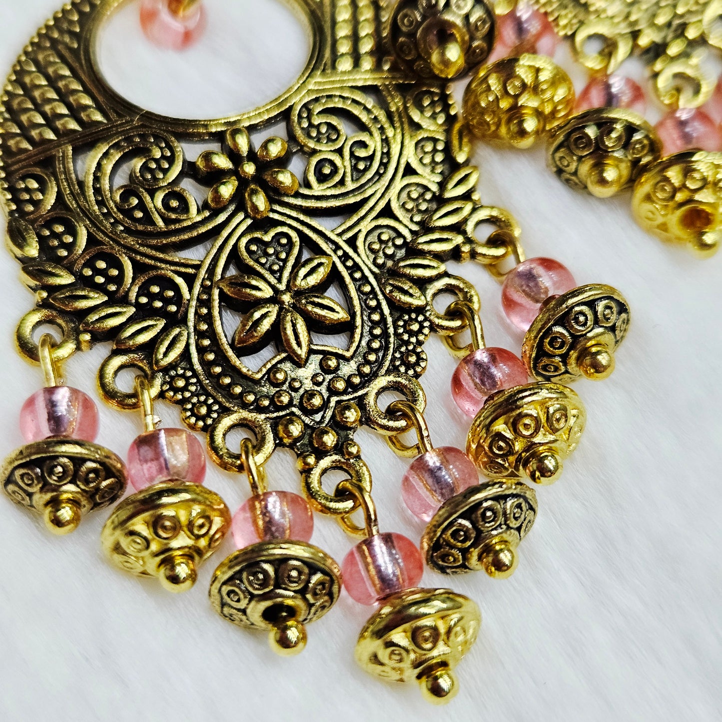 Bali Style Brassy-Gold Chandelier Earrings in Pink glass