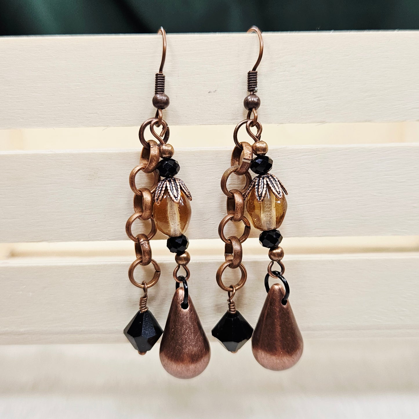 Amber Glass Antiqued Copper Chain Earrings with Black Crystals