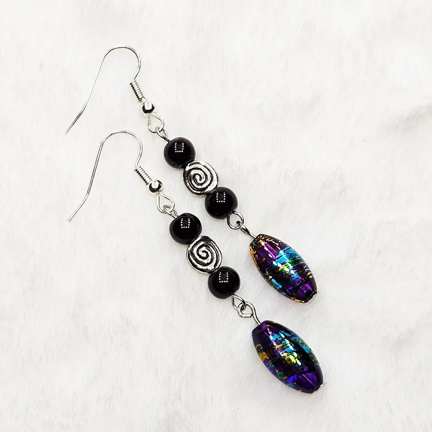 Multicolored Metallic Dangle Earrings with Silver Swirls - 2½"