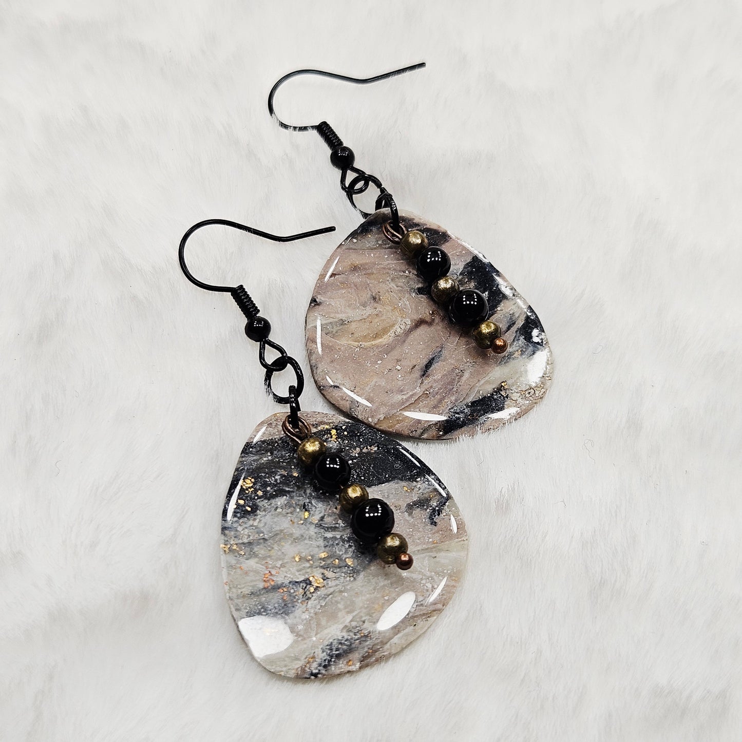 Black and Brown Gold Flake Marble Polymer Clay Earrings with Black Bead Dangles