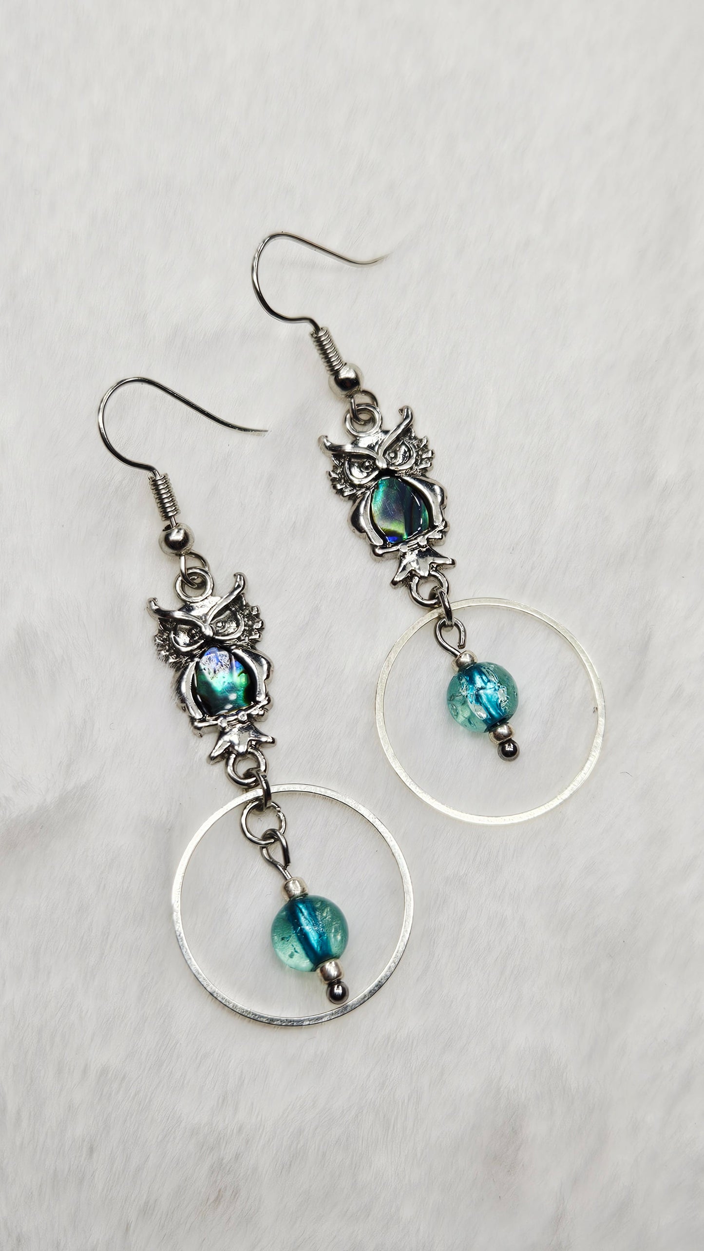 Abalone Owl Earrings with Silver Hoops and Crushed Blue Glass Dangles - 3"