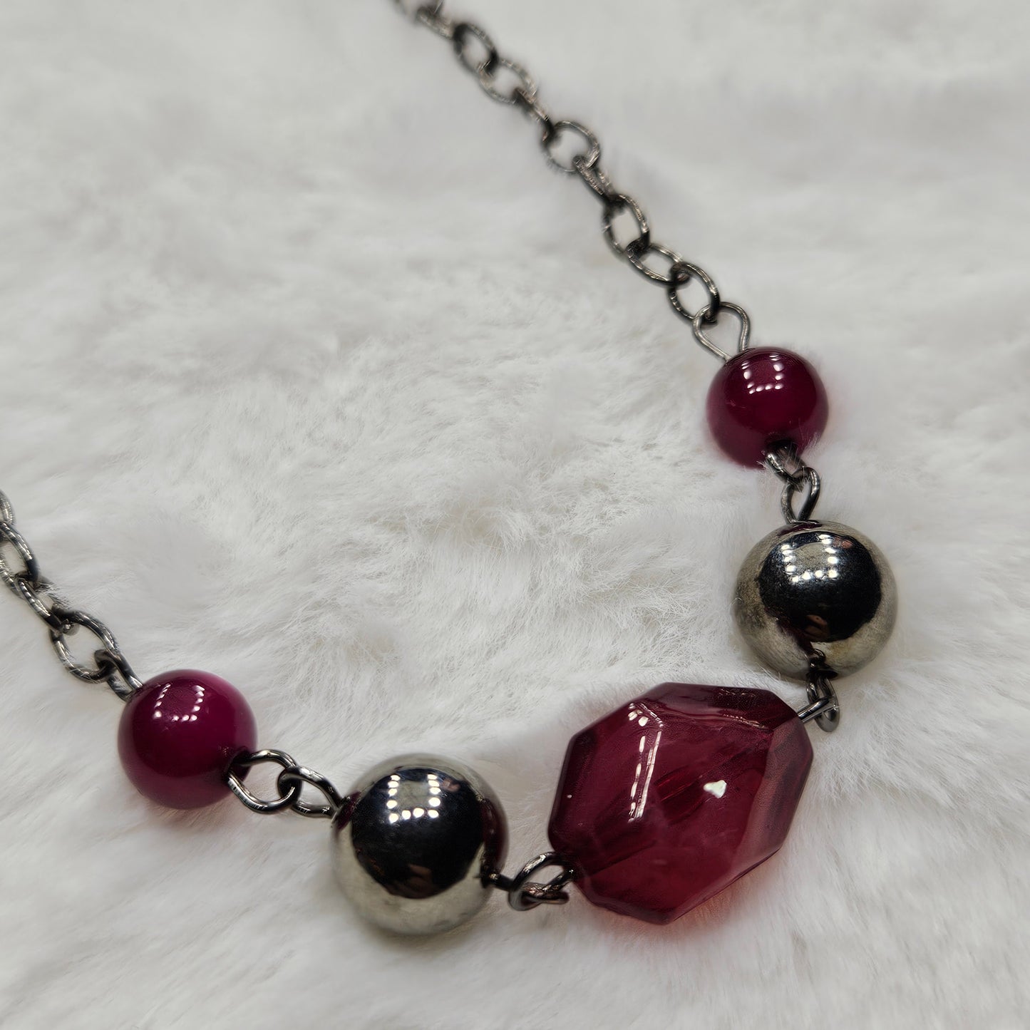 Long Gunmetal Black Chain and Dark Pink Beaded Necklace