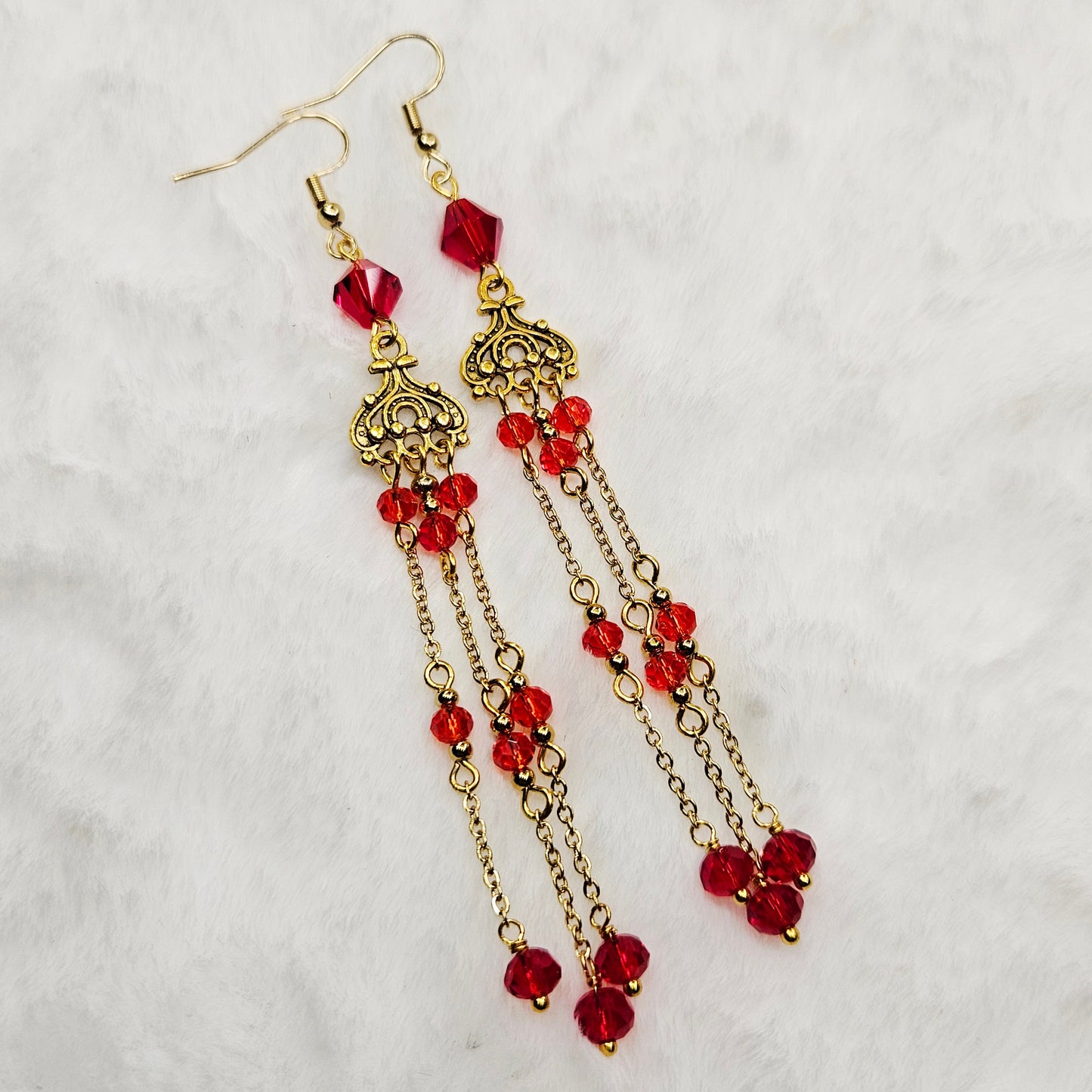 Long Red Crystal Micro Chandelier Earrings in Silver or Gold