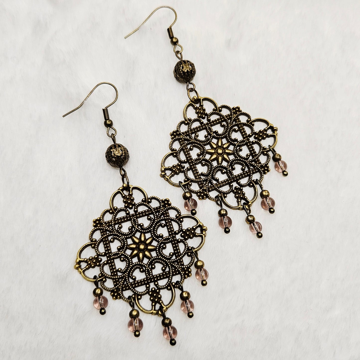 Square Antique Brass Tibetan Filigree Rhombus Chandelier Earrings with Smokey Dangles