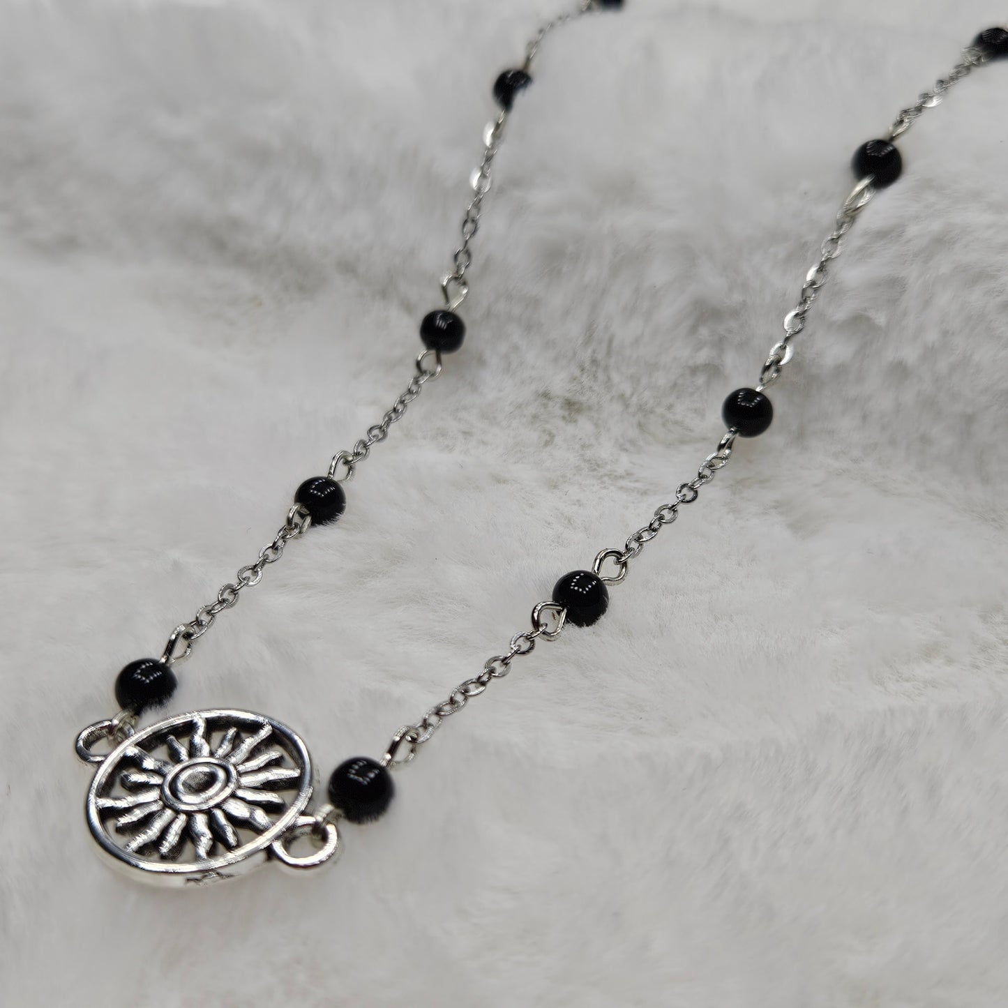 Black Hole Sun Beaded Silver Chain Necklace with Polished Black Glass - 16"