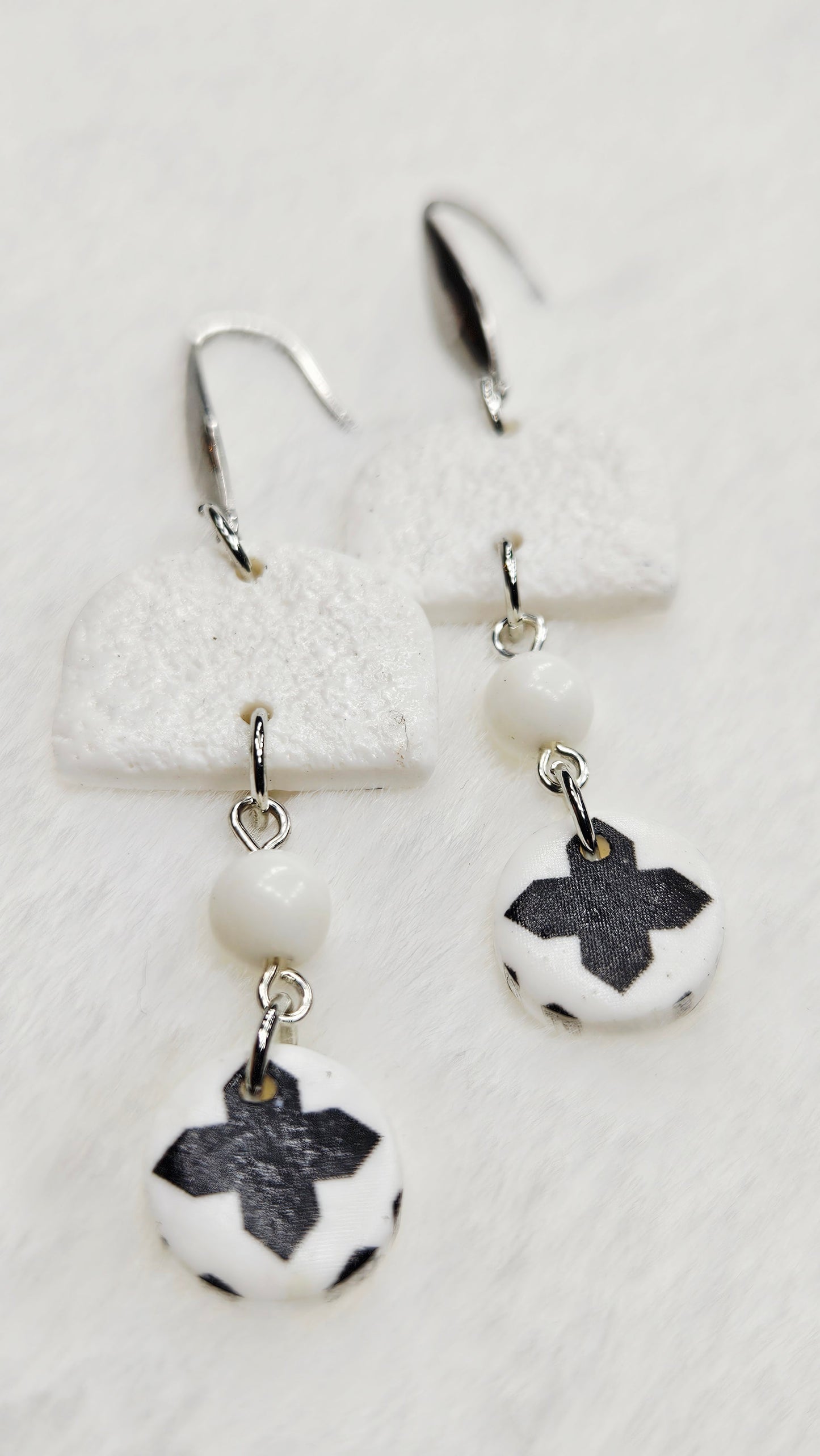 Monochrome Clay Cross Print Button Dangle Earrings with Black or White Arches