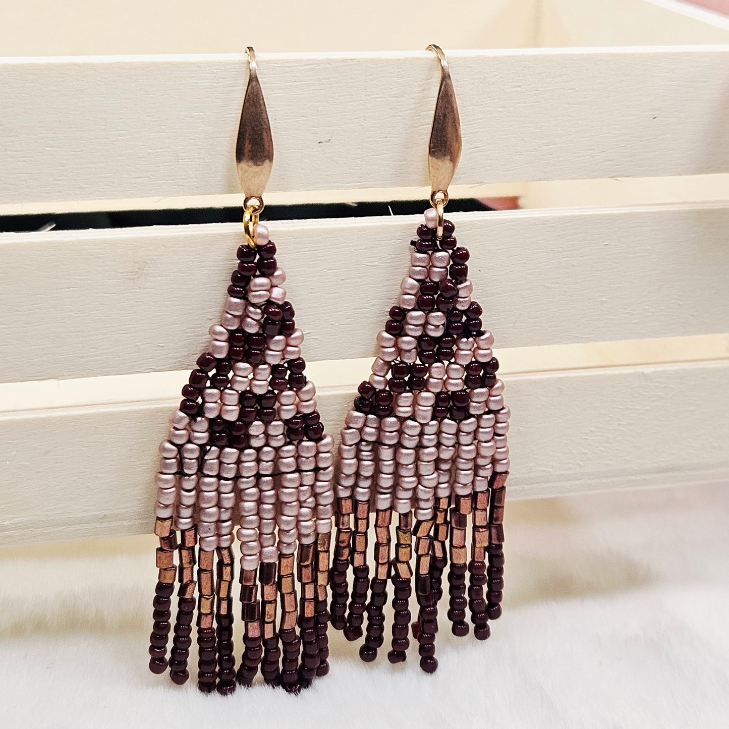 Beautiful Brown & Bronze Beaded Fringe Earrings
