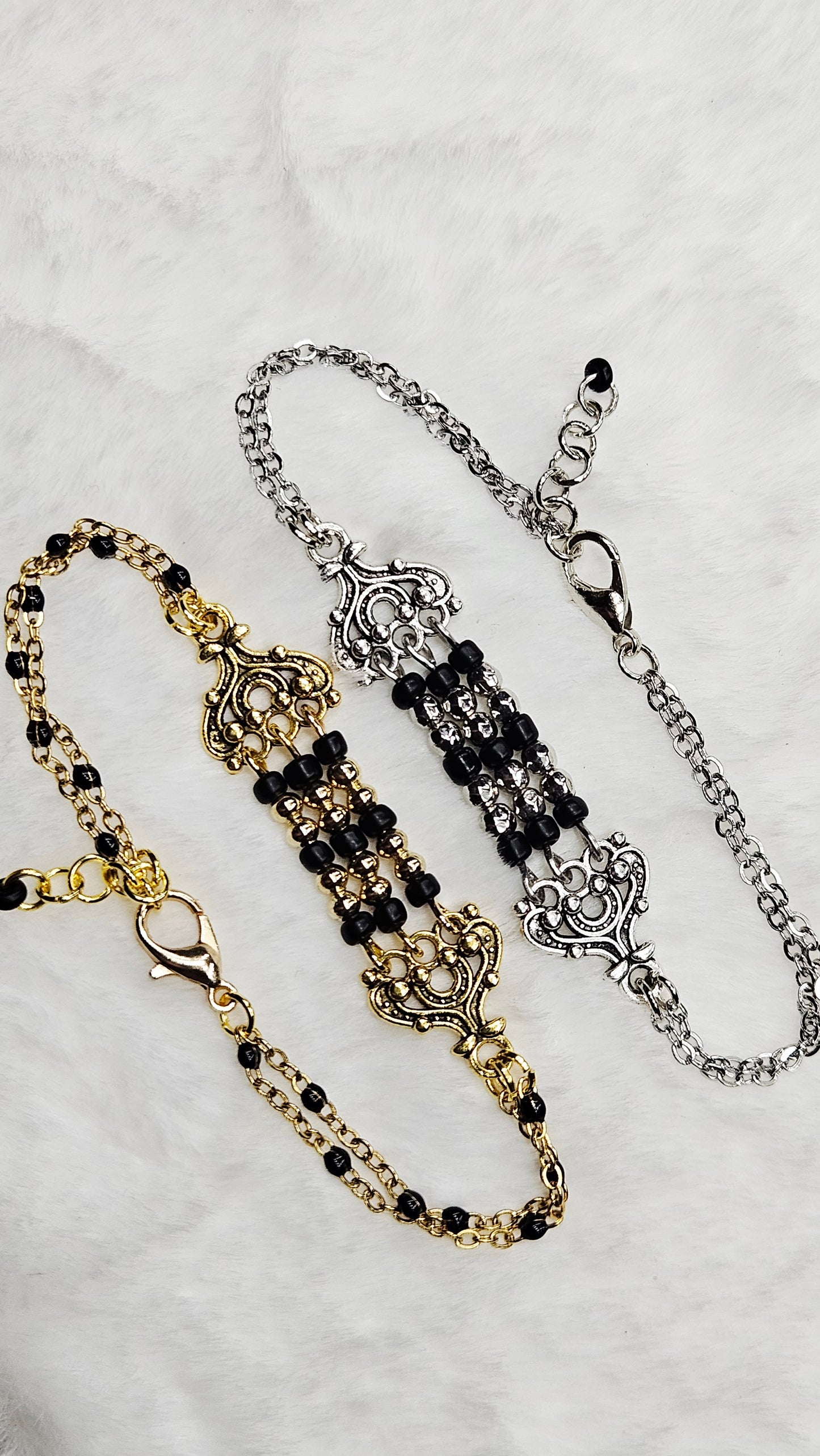 Gold Or Silver Filigree and Seed Bead Double Chain Bracelet