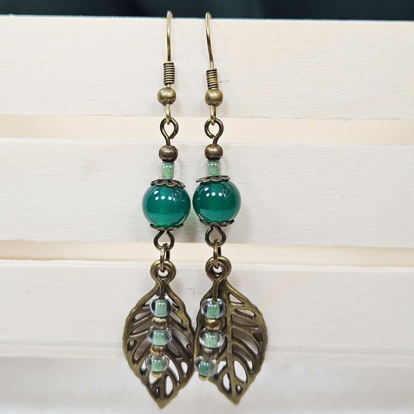 Rustic Antiqued Brass Leaf Earrings with Green Glass