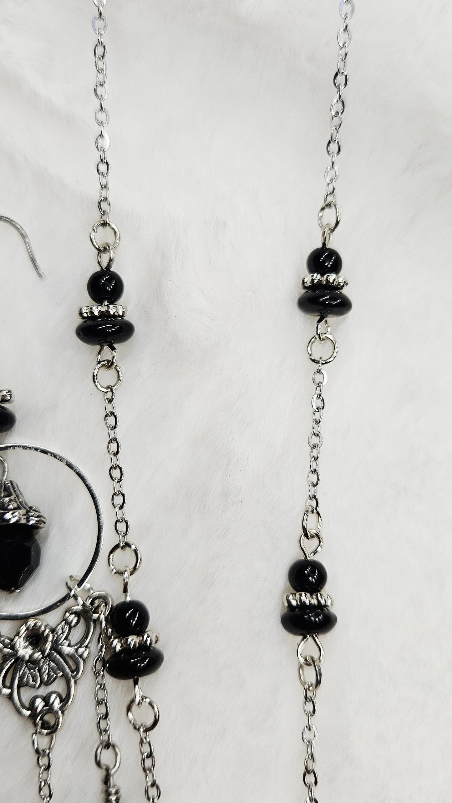 Vintage Filigree Set - Black Crystal Dragonfly and Silver Filigree Pendant Necklace with Earrings
