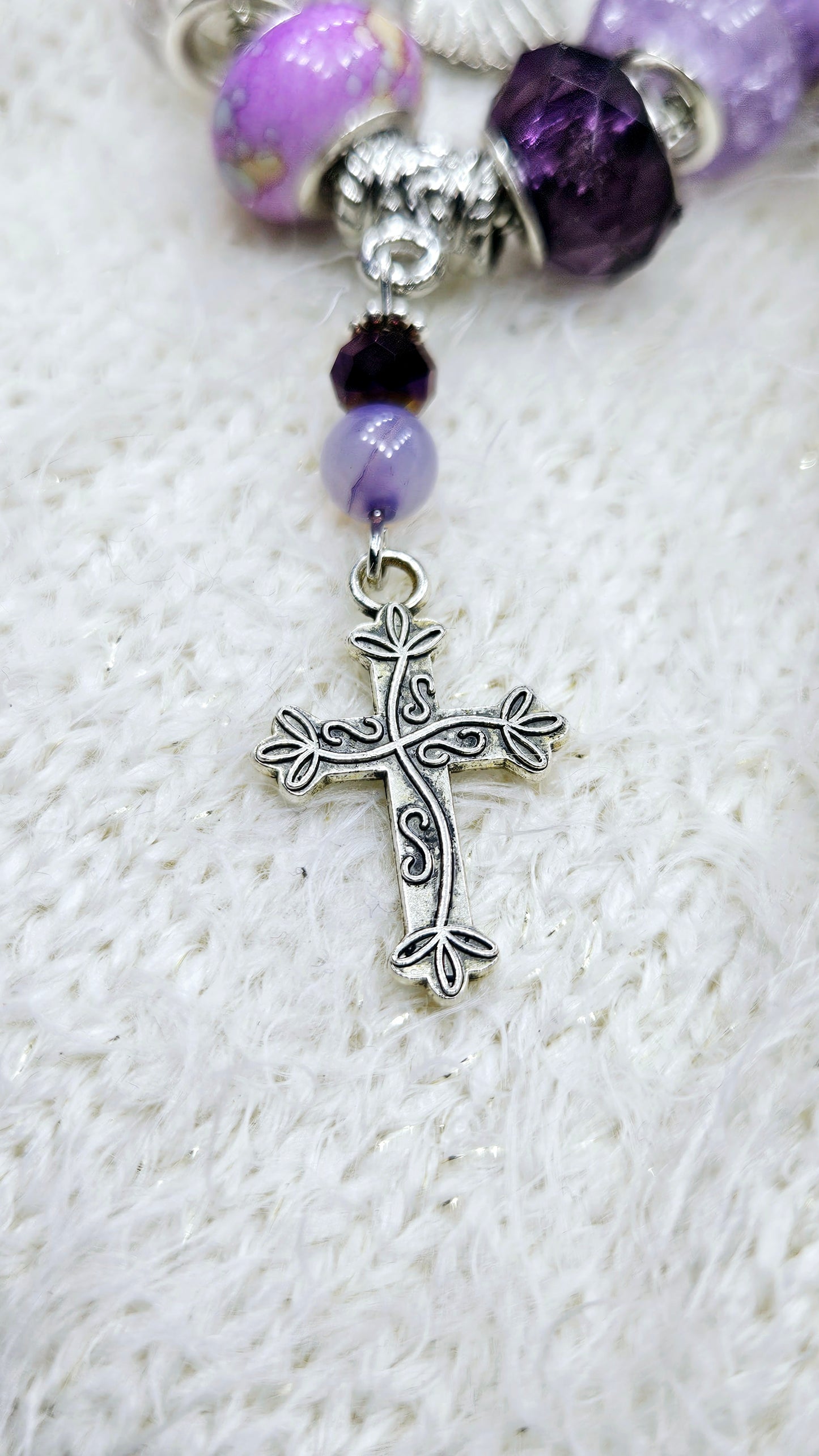 Precious Purple & Silver Angels & Cross Charm Bracelet