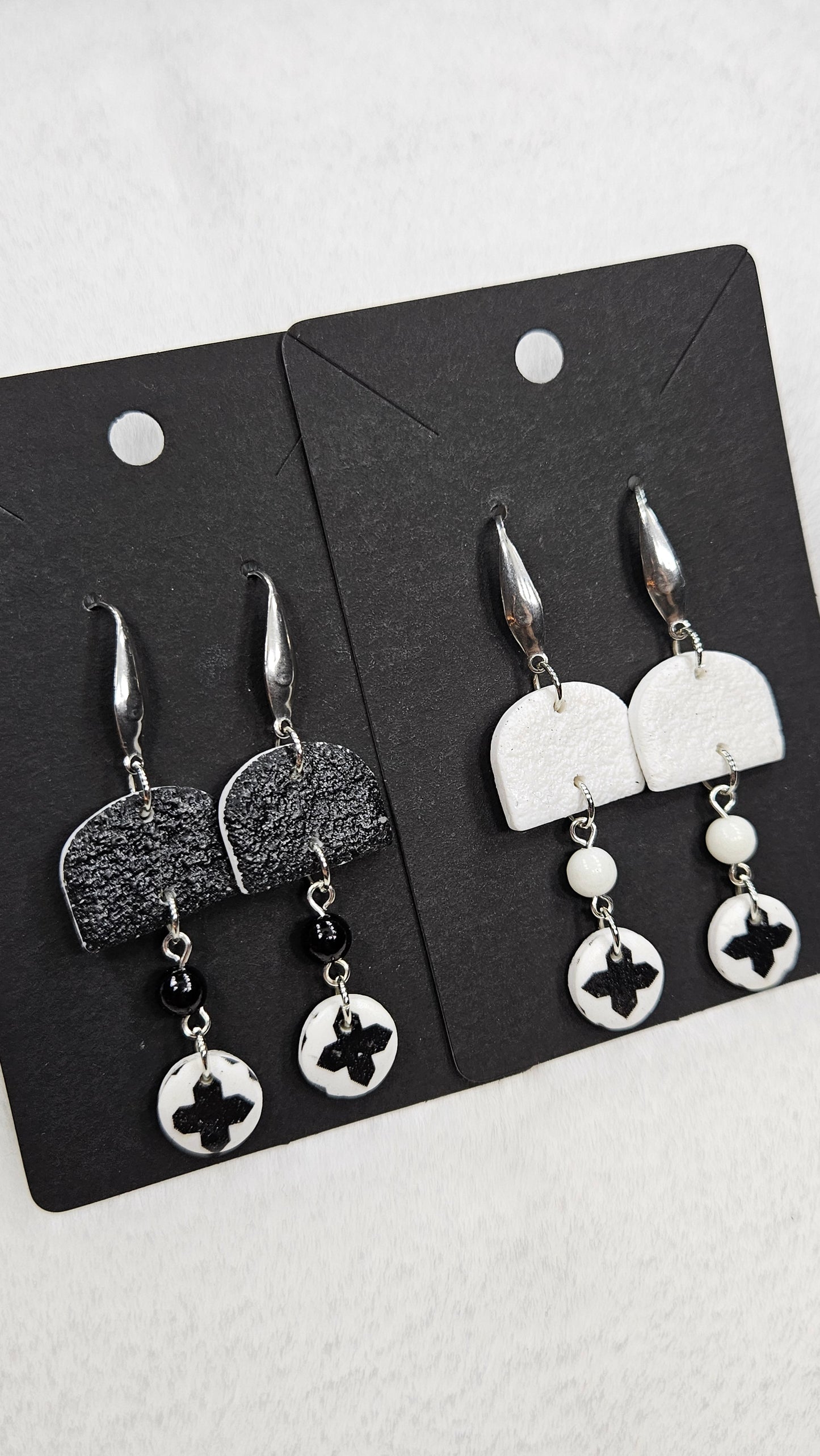 Monochrome Clay Cross Print Button Dangle Earrings with Black or White Arches