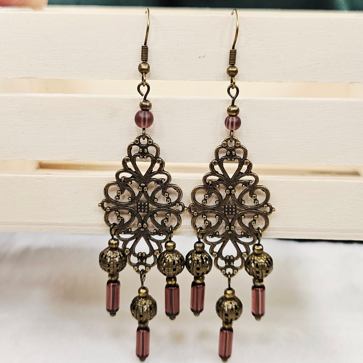 Diamond Antique Brass Tibetan Filigree Rhombus Chandelier Earrings with Smokey Purple Dangles