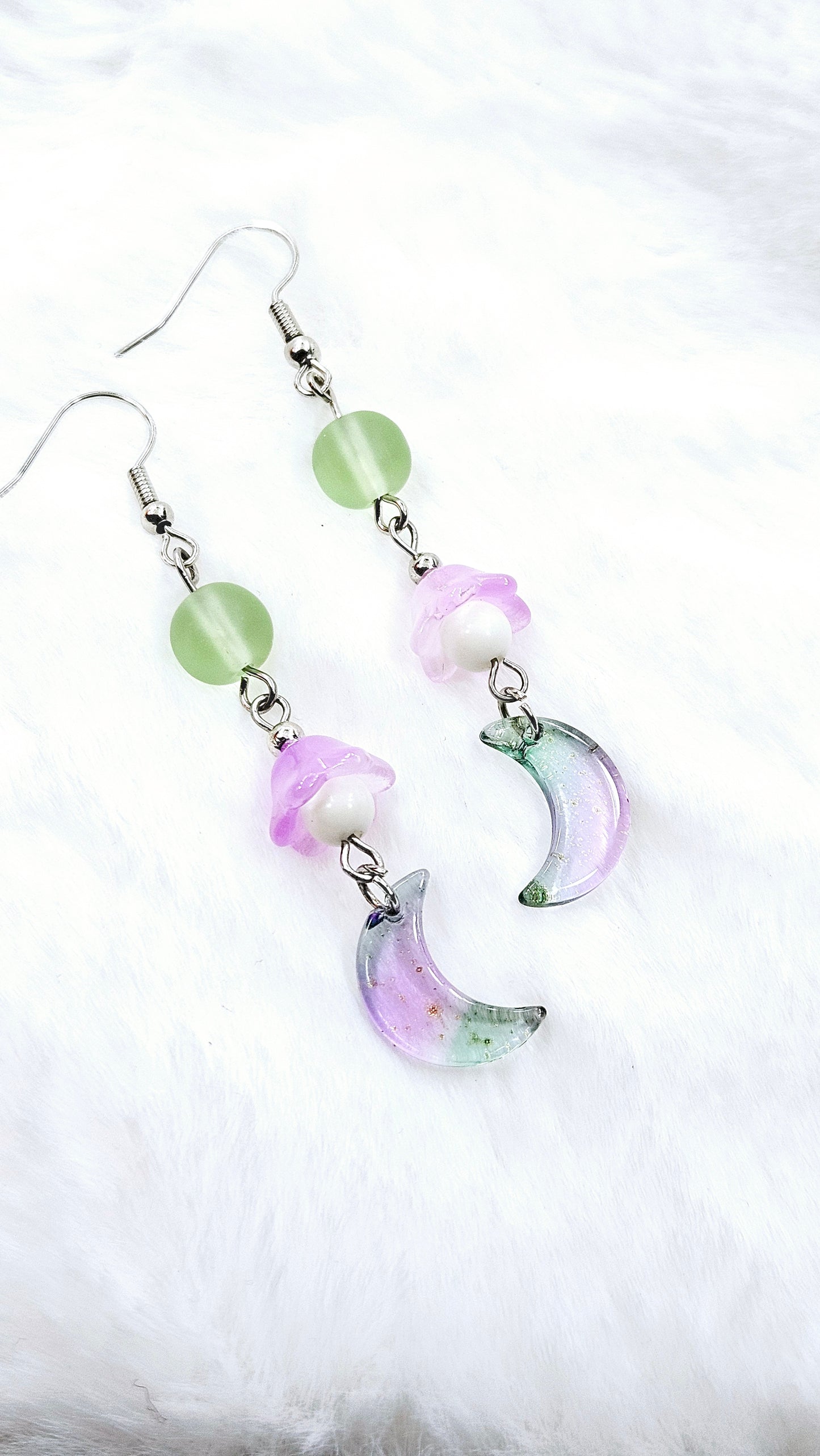 Mystical Moons & Bellflowers: Jade Green and Purple Moons with Gold Fleck & Purple Bellflowers Dangle Earrings