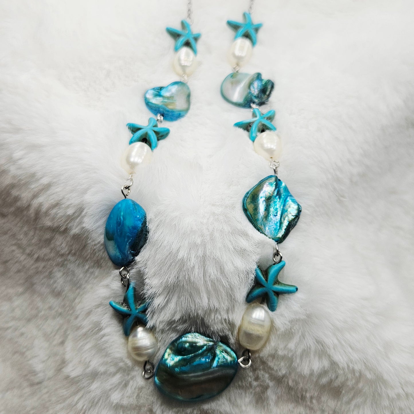 Turquoise Starfish Mother of Pearl Shells and Freshwater Pearl Necklace