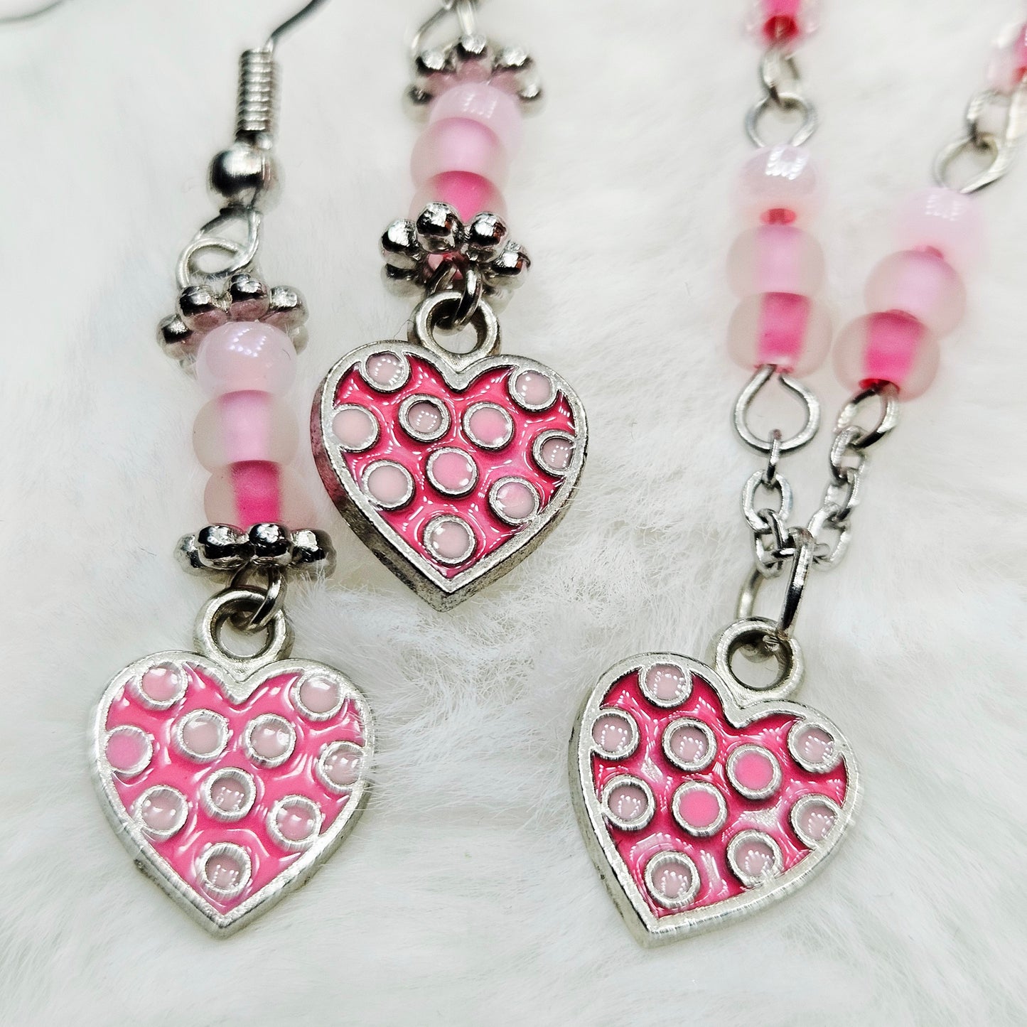 Dainty Pink Polkadot Heart Pendant Necklace and Earrings with Various Pink Glass Seed Beads