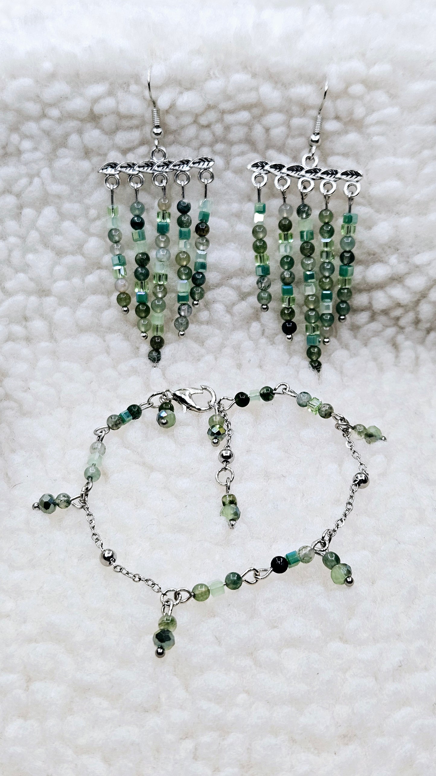 Glorious Greens Set - Silver Leaf Beaded Tassel Earrings & Matching Bracelet