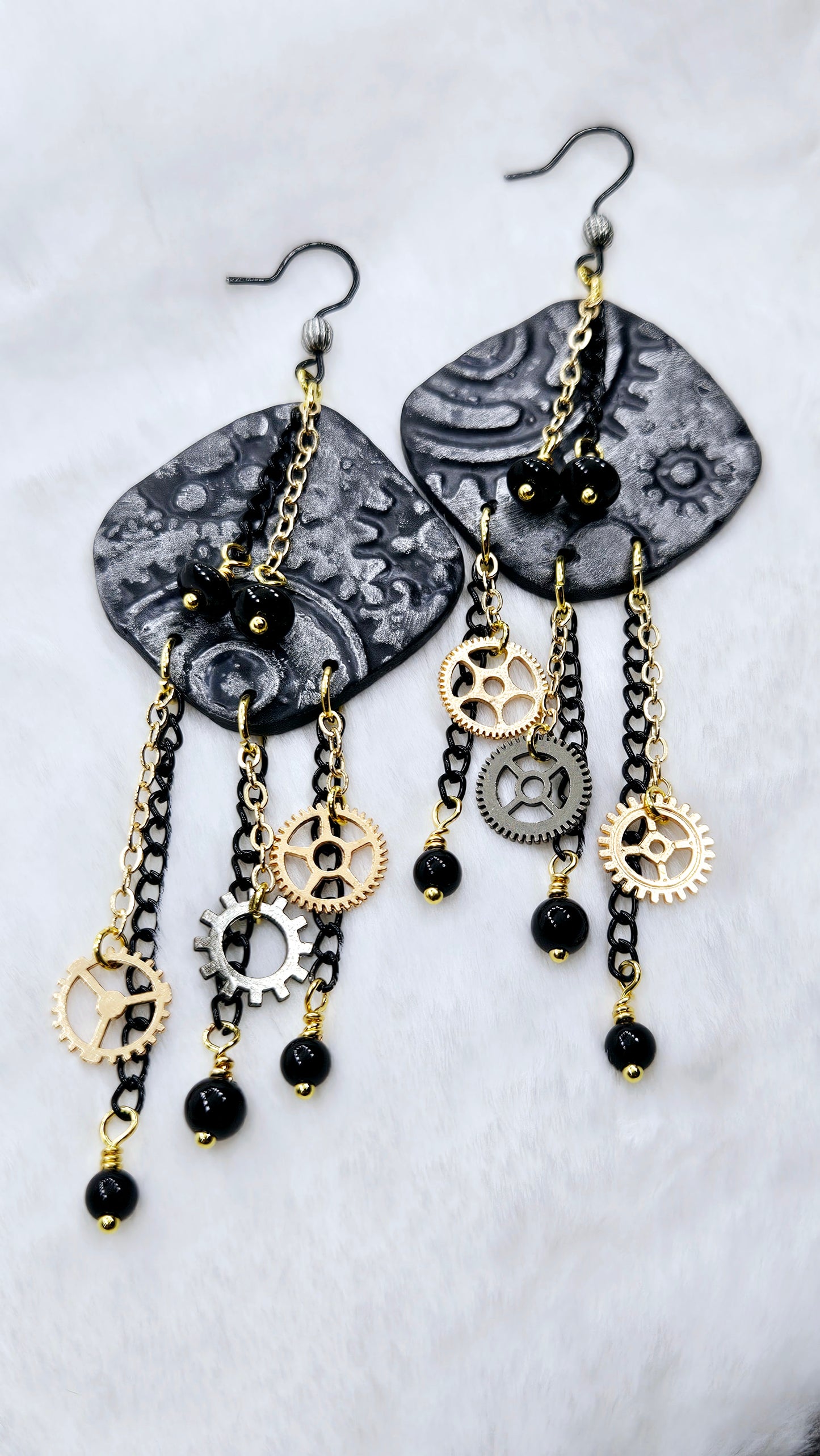 Pop, Lock & Cog It Gold Steampunk Clay Dangle Earrings with Black & Gold Chain & Cogs