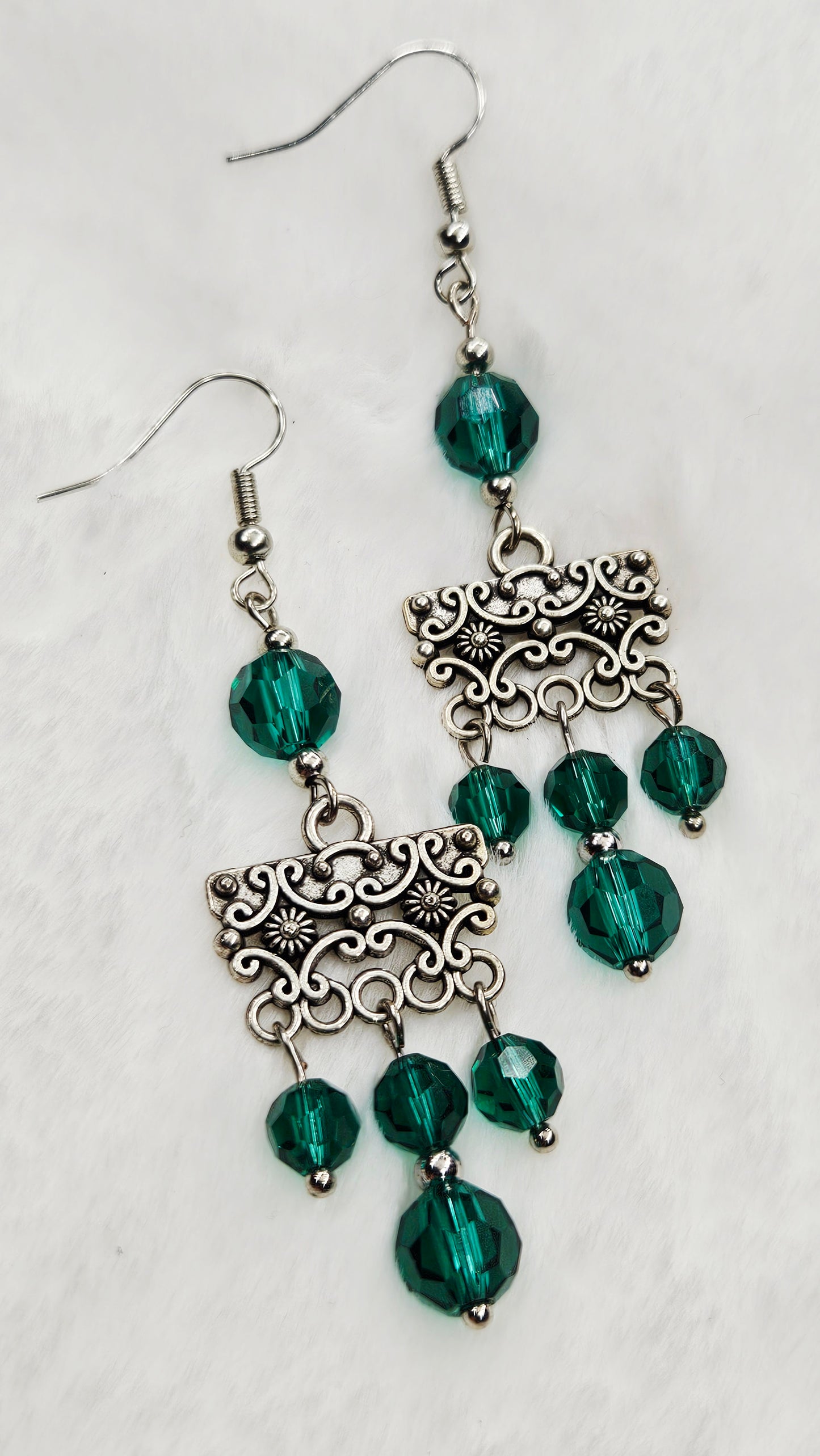 Emerald Austrian Crystal and Tibetan Silver Filigree Focal Dangle Earrings