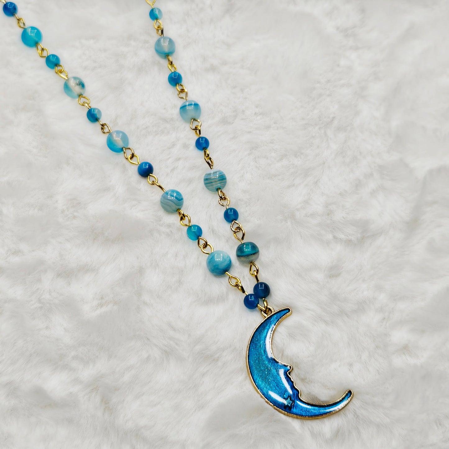 Blue Moon Pendant Necklace with Blue Agate Beaded Chain in Gold