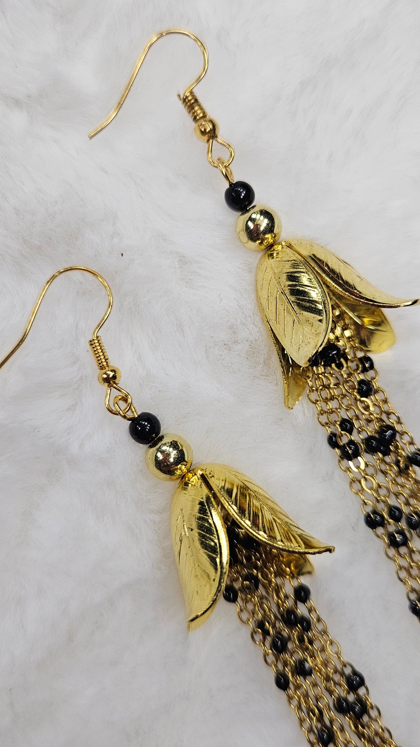 Golden Leaf Blossom Earrings with Long Gold & Black Chain Tassels