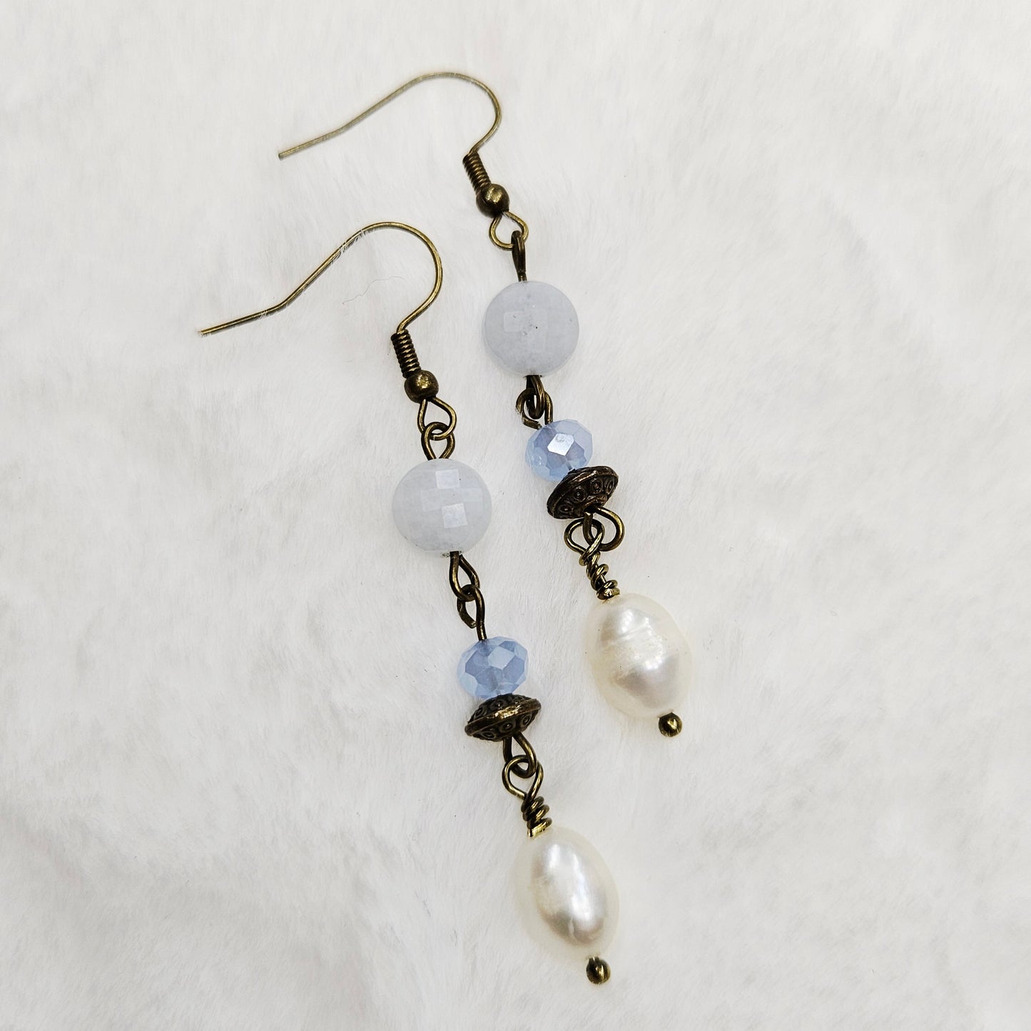 Antiqued Brass Baby Blue Natural Gem Cut Stone and Crystal Earrings with Freshwater Pearl Dangles