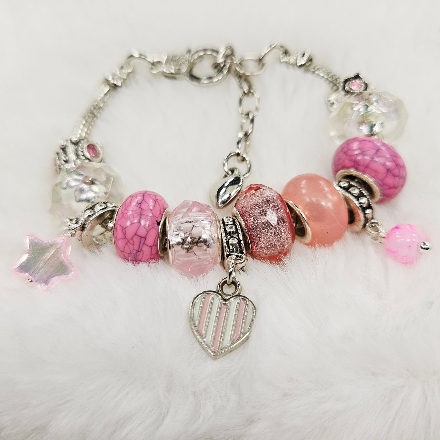 Customized Pink Striped Heart and Star Charm Bracelet